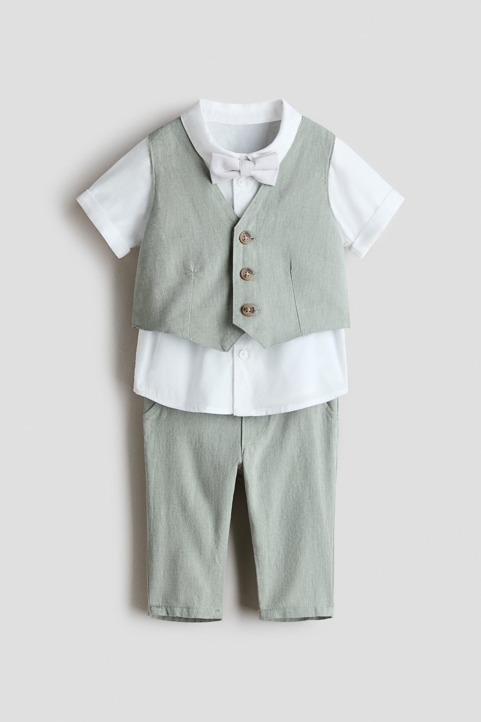 Conjunto de vestir de 4 piezas en mezcla de lino - Verde caqui claro/Blanco/Beige claro/Blanco/Blanco/Azul