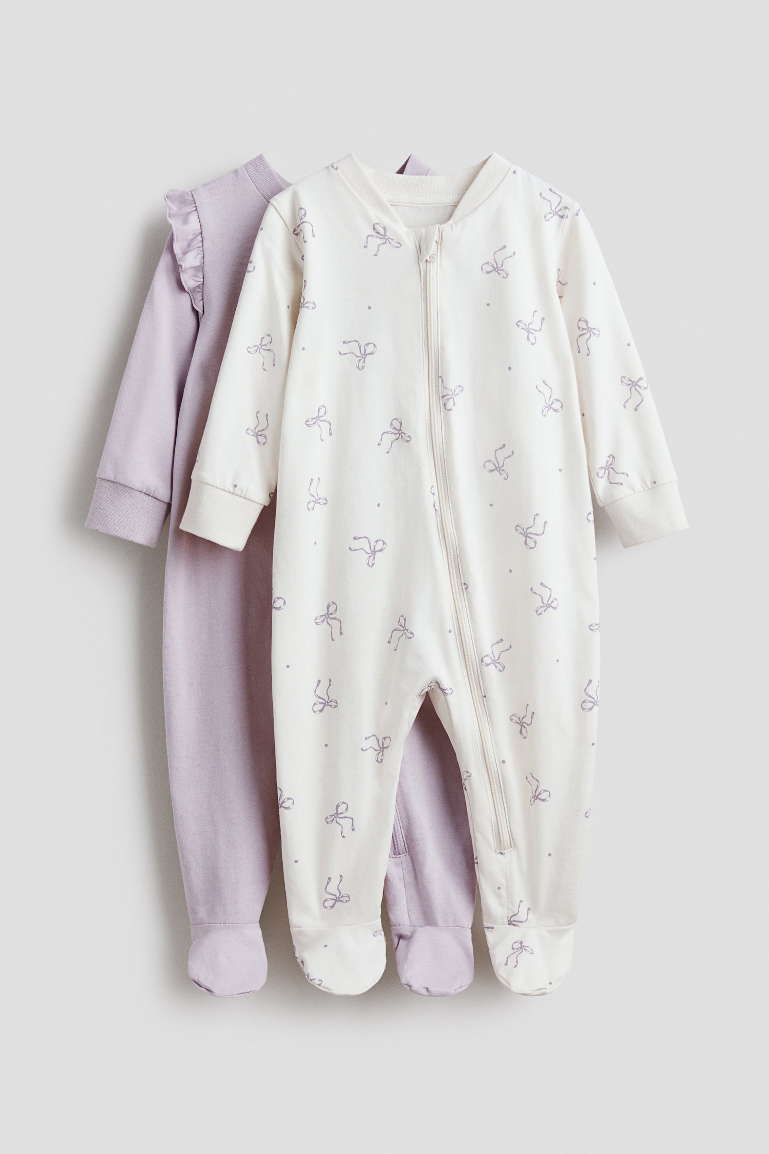 2-pack zip-up sleepsuits - Light purple/bows/Light gray/teddy bears/Light turquoise/animals/Light beige/dotted/Light purple/hearts/Light beige/white