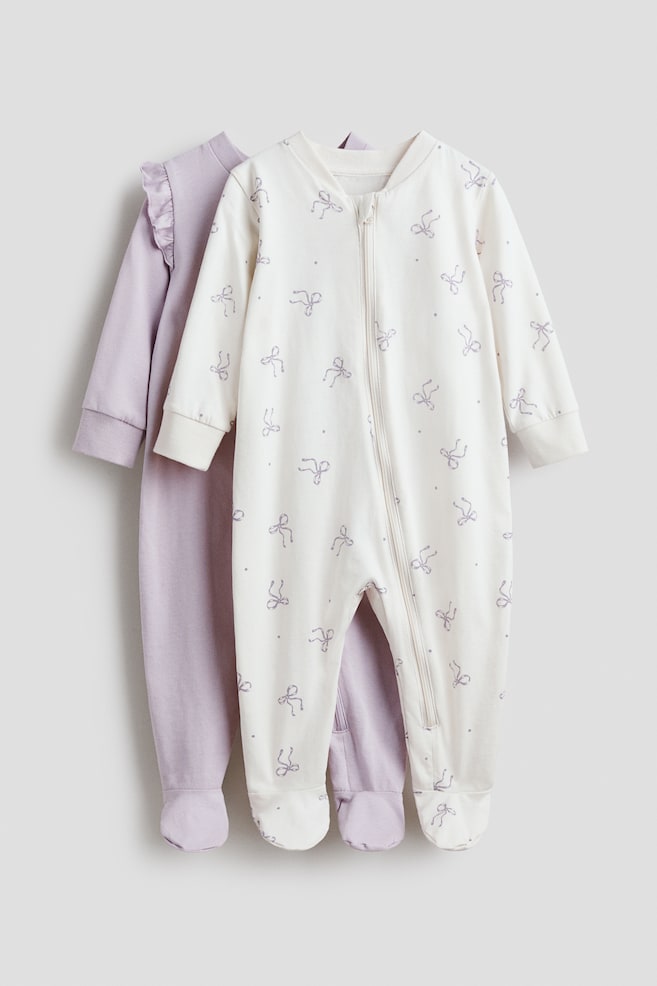 2-pack Zip-up Pajama Jumpsuits - Light purple/bows/Light gray/teddy bears - 1
