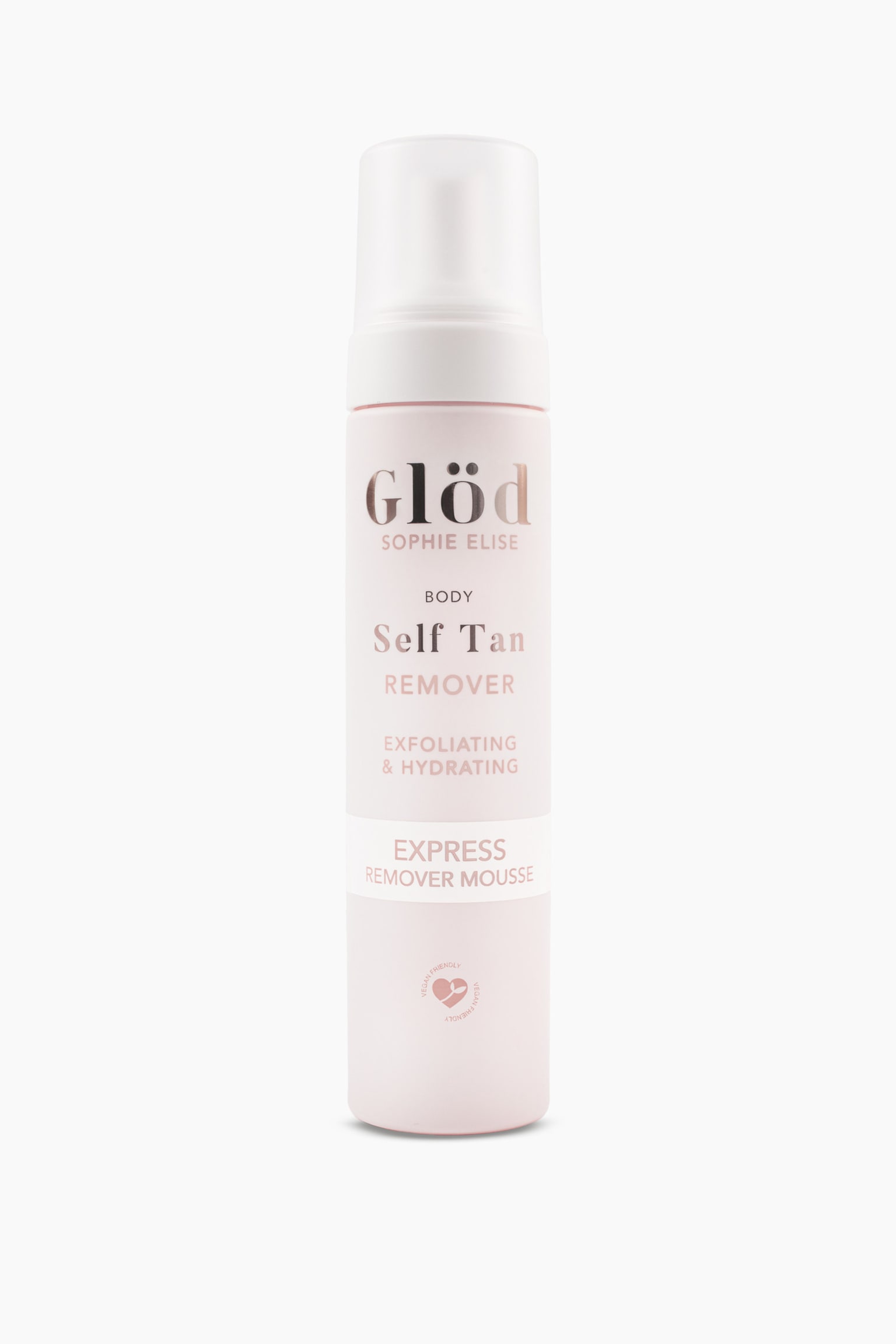 En opretstÃ¥ende, frontvendt cylindrisk flaske med GlÃ¸d Sophie Elise Self Tan Remover Mousse viser en pastelrosa krop med en halvtransparent hvid hÃ¦tte. Flasken har rosaguld- og lyserÃ¸dt trykt tekst, der fremhÃ¦ver dens eksfolierende og fugtgivende egenskaber, samt et hvidt bÃ¥nd med ordene "Express Remover Mousse". - 1