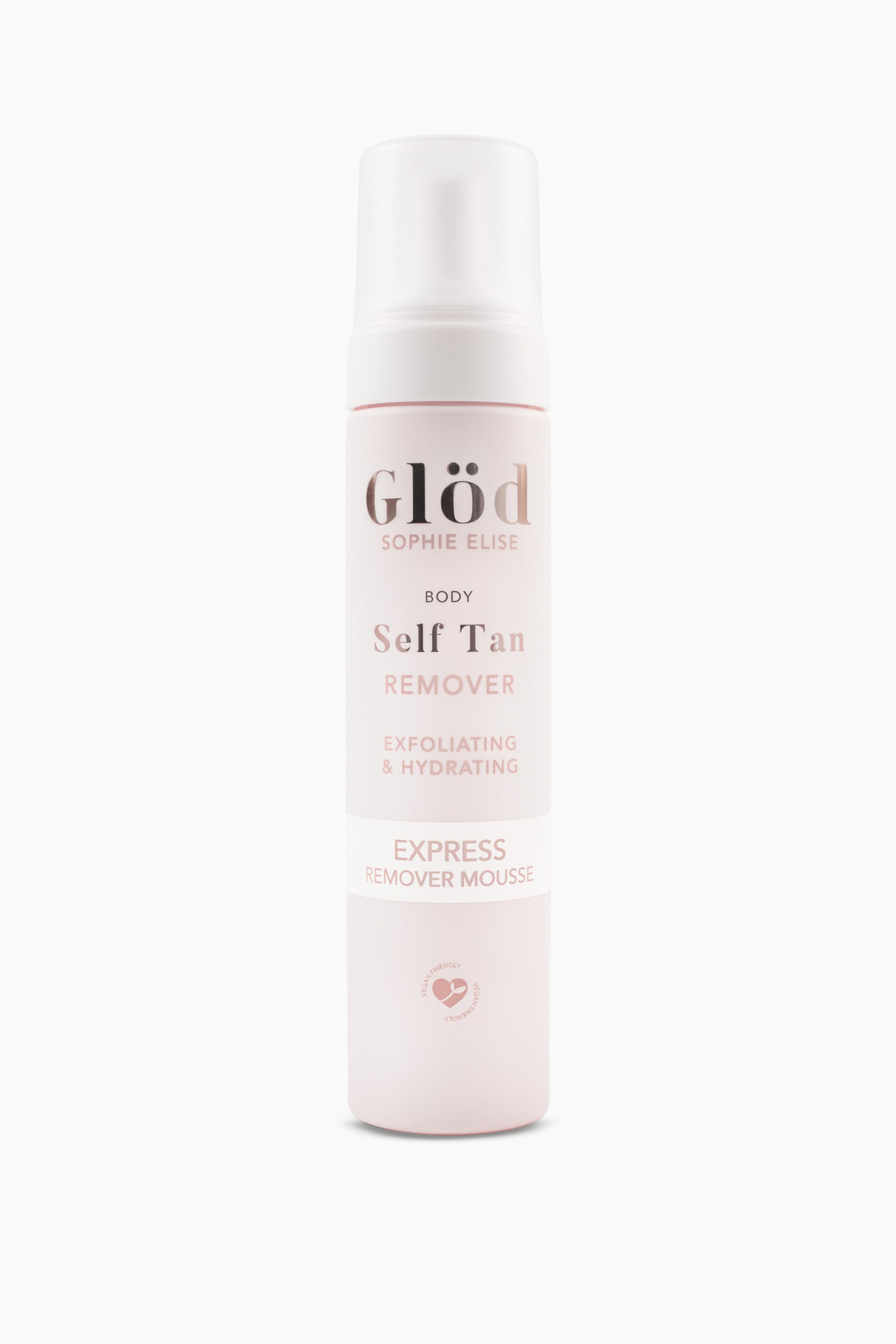 Se større billede: En opretstående, frontvendt cylindrisk flaske med Glød Sophie Elise Self Tan Remover Mousse viser en pastelrosa krop med en halvtransparent hvid hætte. Flasken har rosaguld- og lyserødt trykt tekst, der fremhæver dens eksfolierende og fugtgivende egenskaber, samt et hvidt bånd med ordene "Express Remover Mousse".