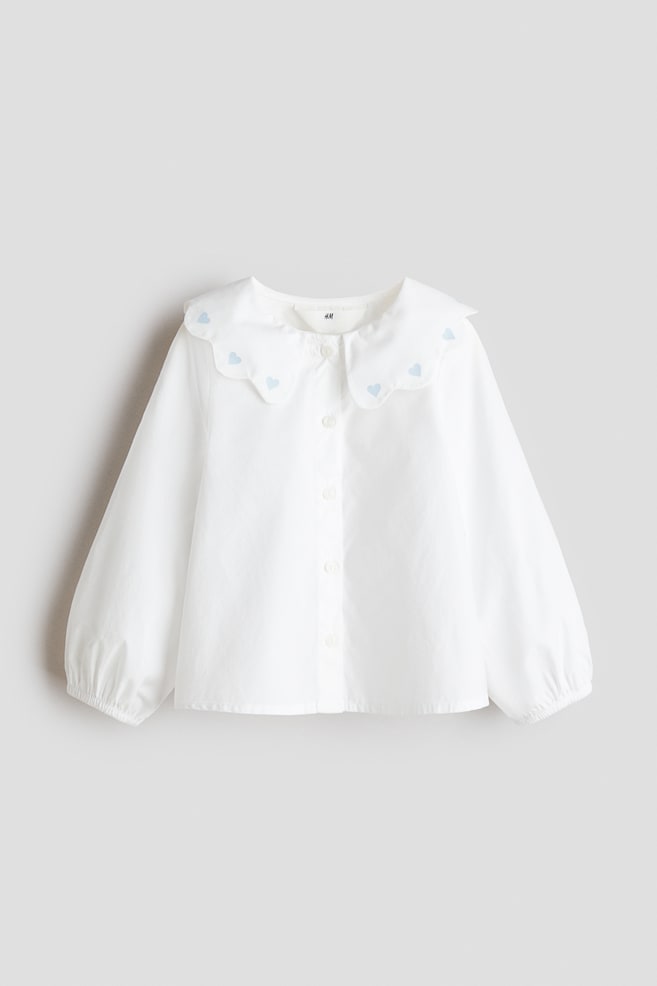 Collared cotton poplin blouse - White/Light blue/Hearts - 1