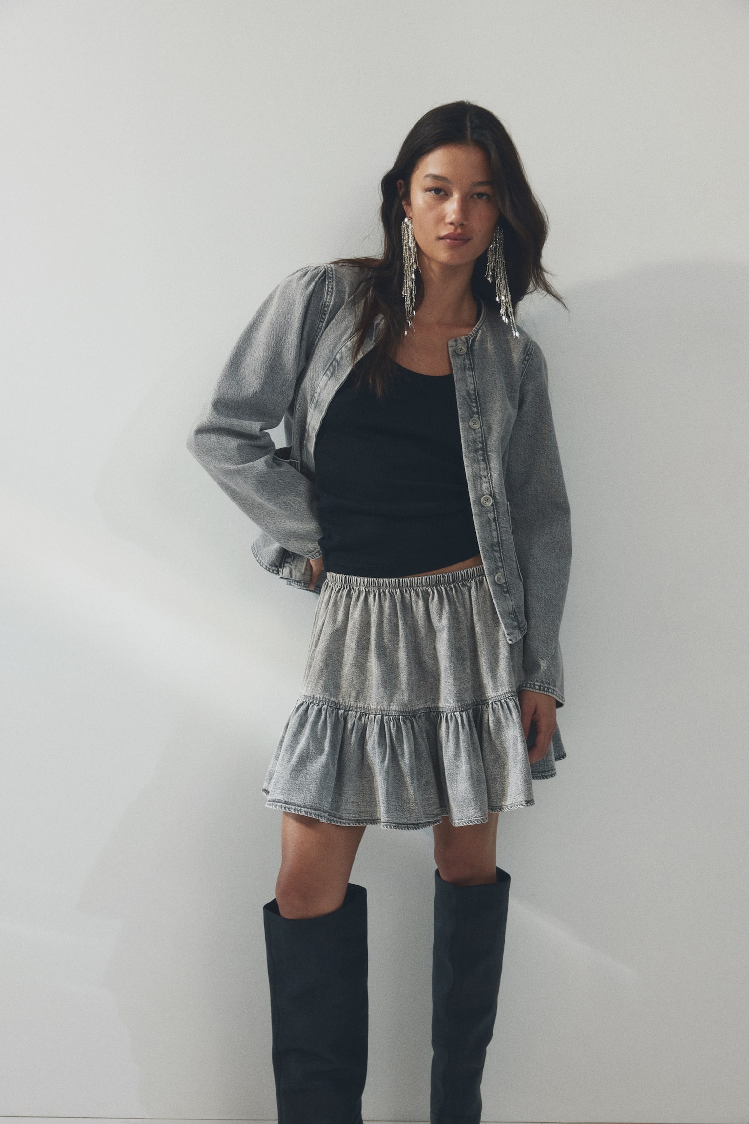 Puff-sleeved denim jacket - Washed grey/Light denim blue - 3