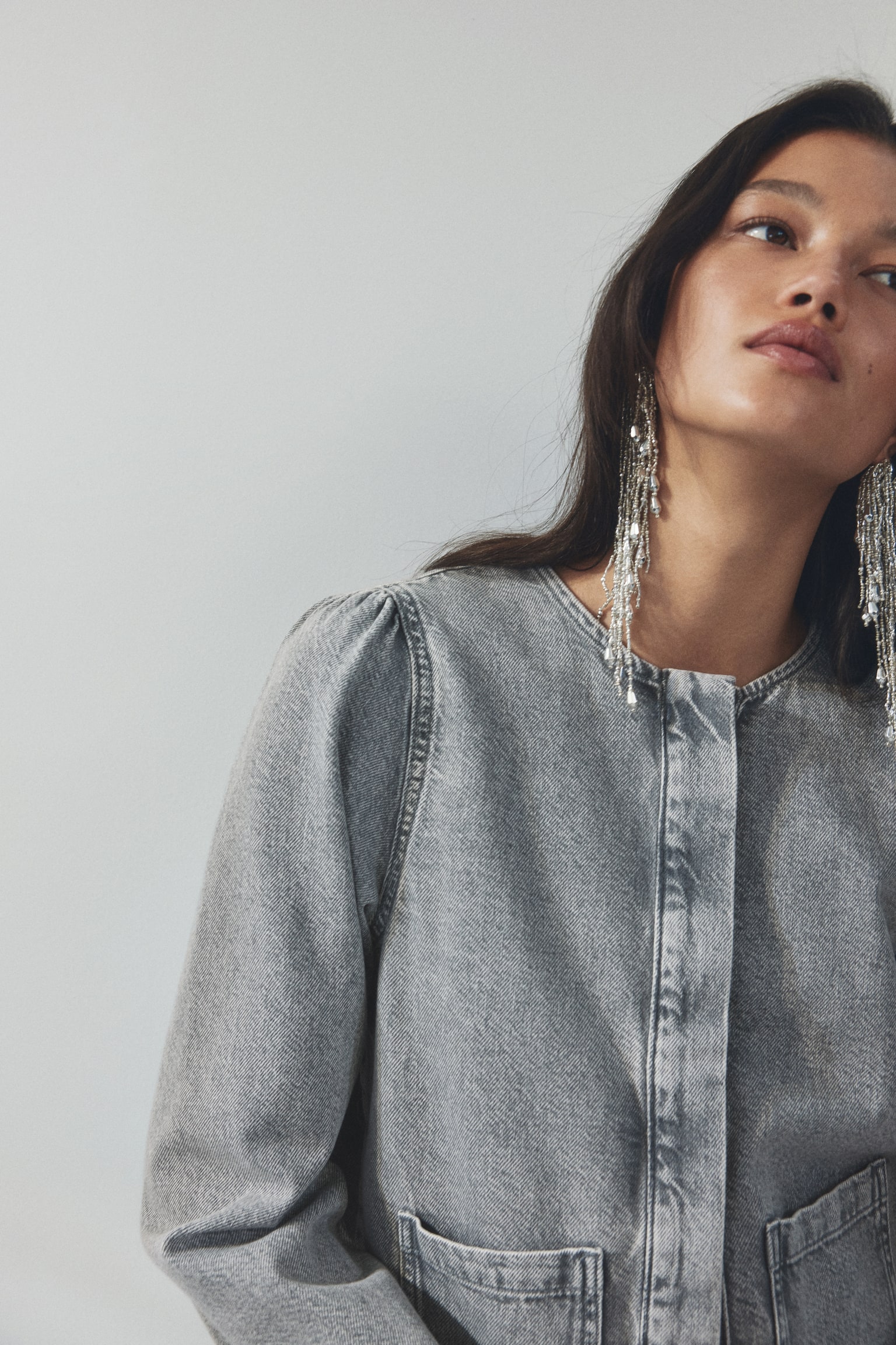 Puff-sleeved denim jacket - Washed grey/Light denim blue - 5