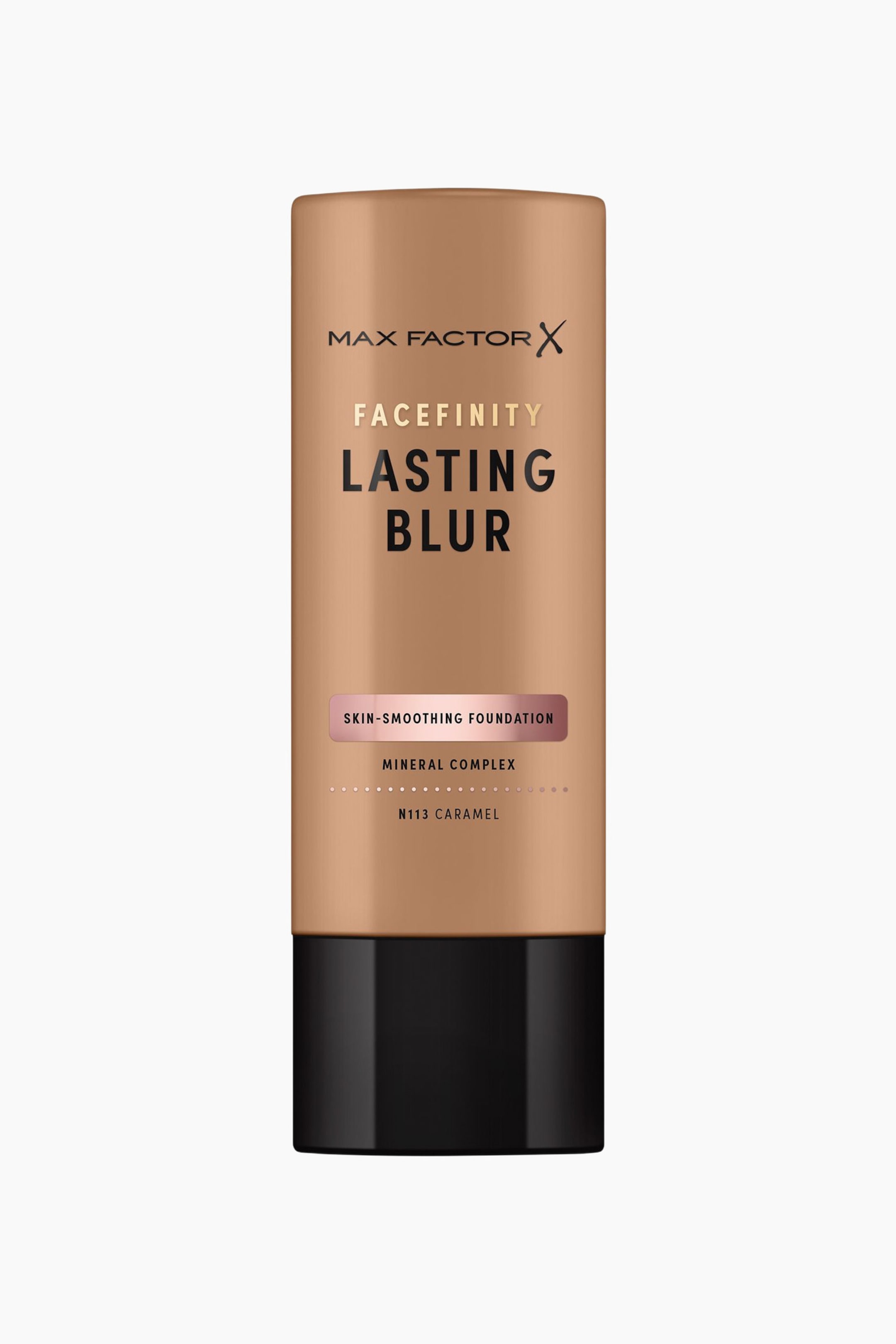 Visa större bild: En cylindrisk tub av Max Factor Facefinity Lasting Blur Foundation står upprätt och vänd rakt framåt, med en varm solbrun kropp och ett helsvart bottenlock. Främre etiketten visar varumärkestext i svart och guld, inklusive "LASTING BLUR" och nyansen "N113 CARAMEL."