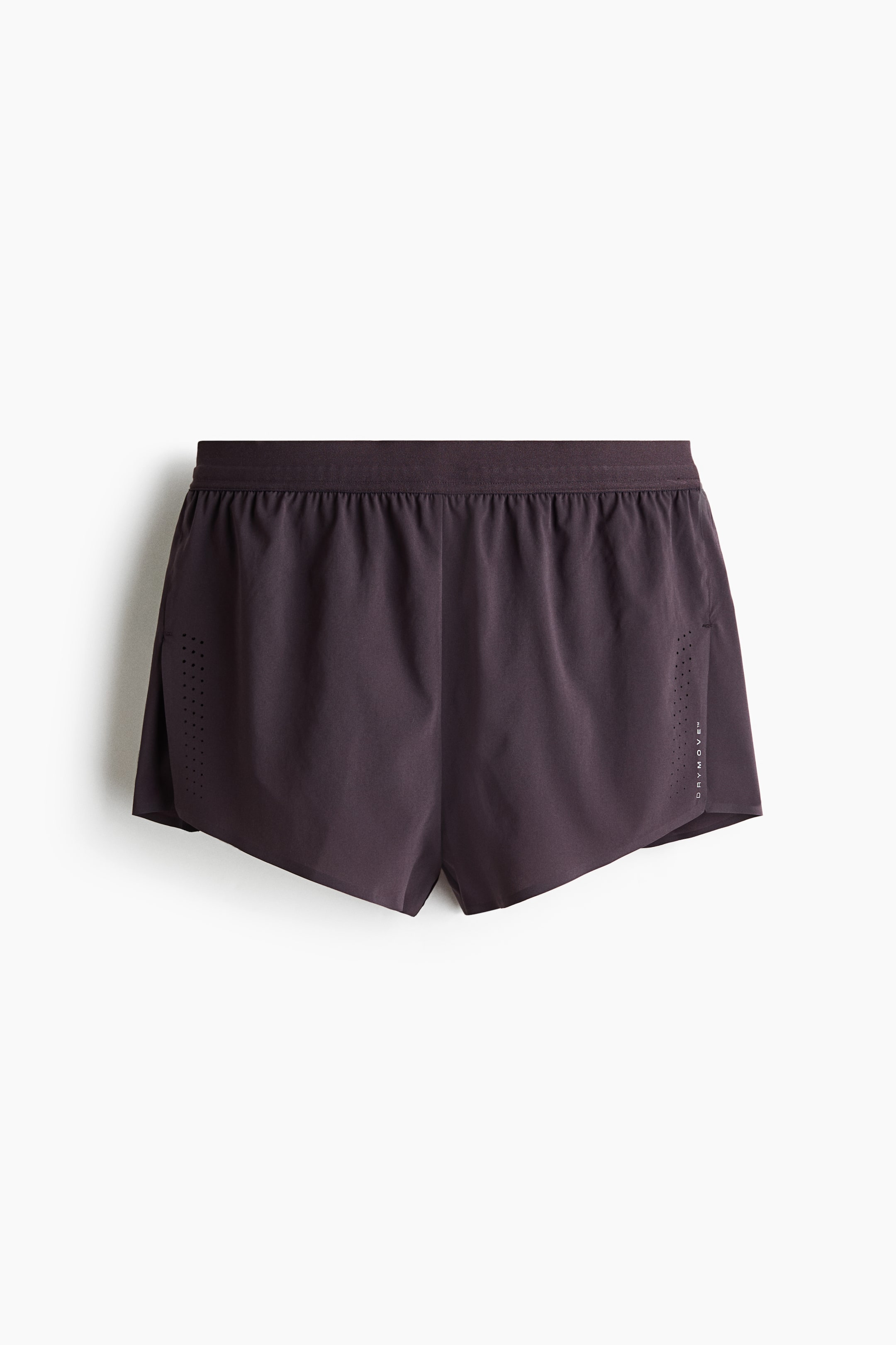 View larger image: Short running shorts with DryMove? shown from the front, featuring an elasticated waistband and dark grey fabric. Small circular perforations line the outer side panels, and the DryMove? logo is printed vertically on the lower right side. Side splits are visible at the hem.