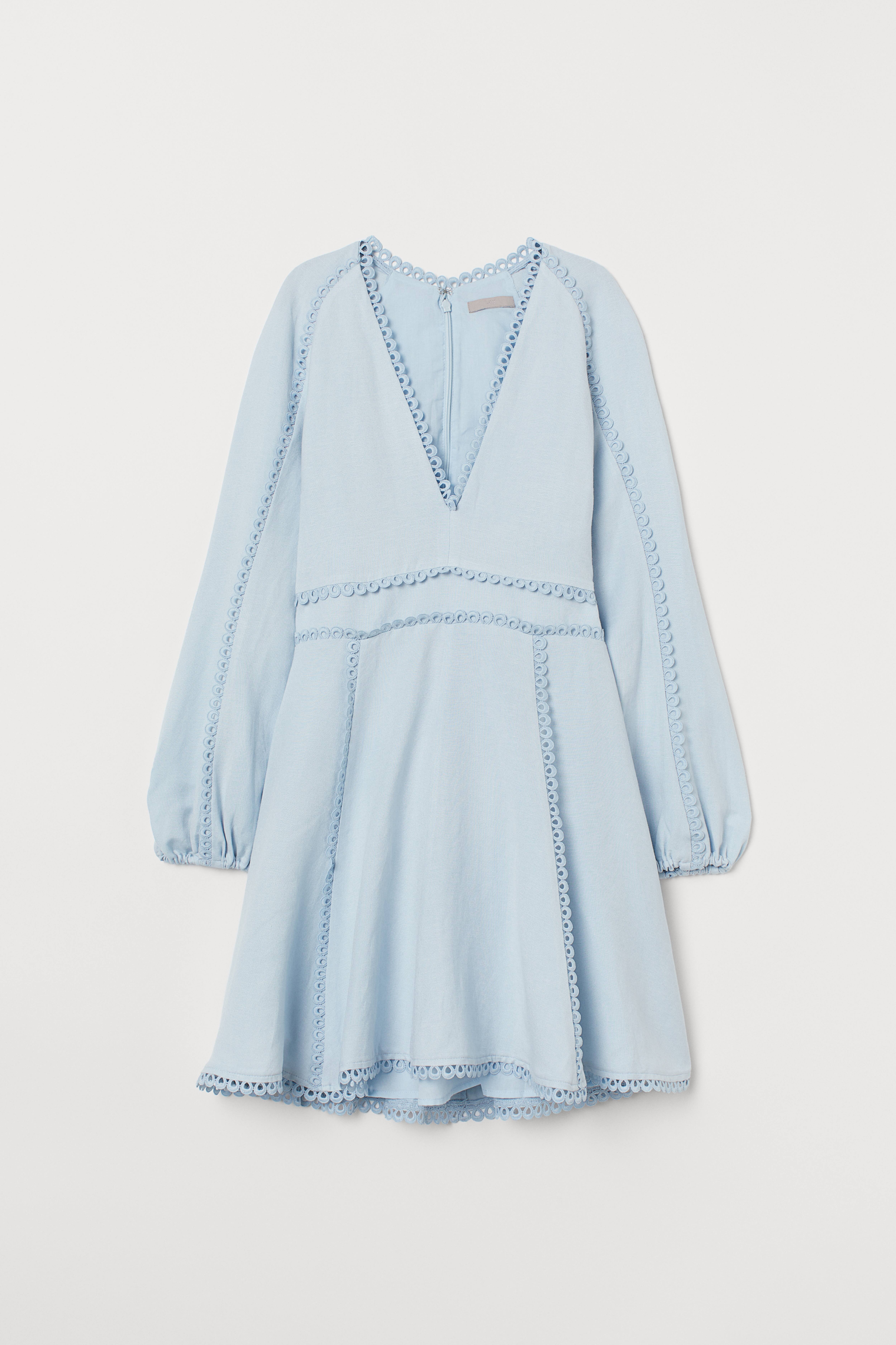 Linen-blend Dress - V-neck - Long sleeve - Light blue - Ladies | H&M US