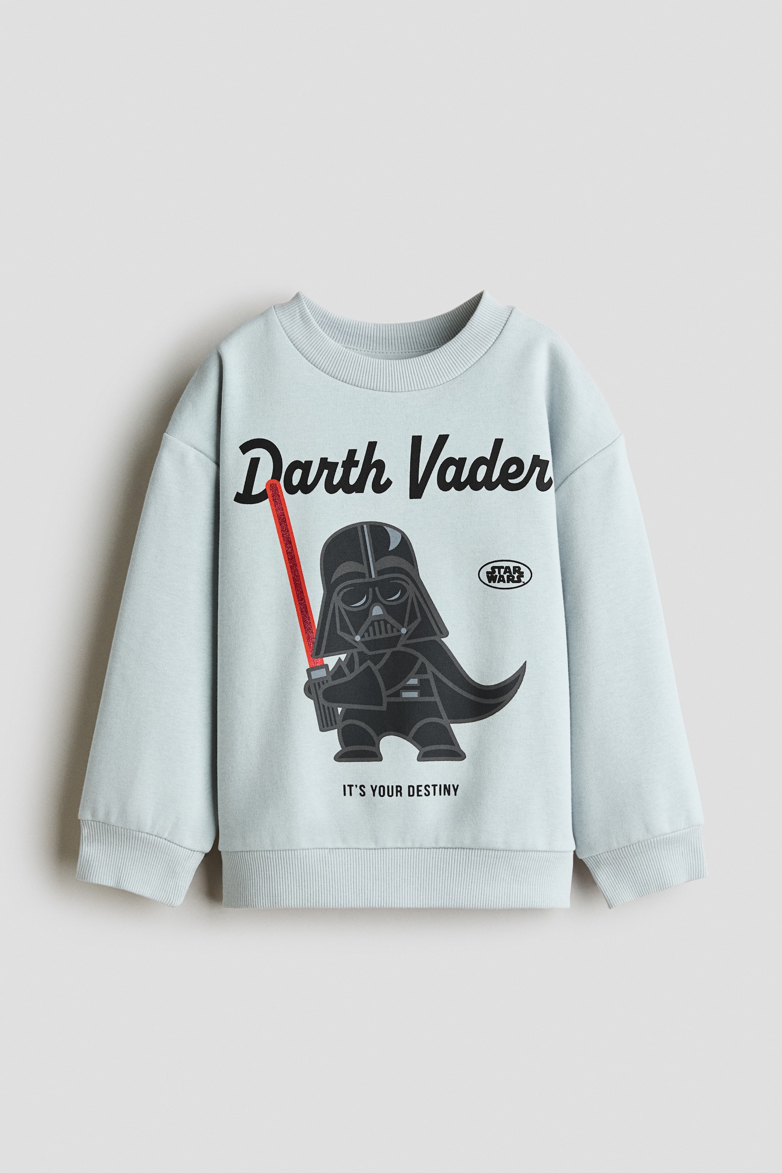 A light blue sweatshirt is shown from the front, featuring a round rib-trimmed crew neck, dropped shoulders, and ribbed cuffs and hem. The chest area displays a printed graphic of a cartoon Darth Vader holding a red lightsaber, positioned between the black cursive text âDarth Vaderâ above and âIT'S YOUR DESTINYâ below.