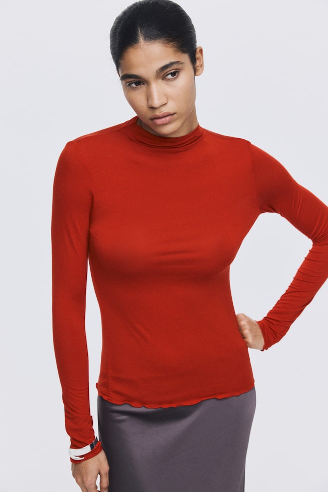 Mock Turtleneck Top - Red/Mustard yellow/Brown/leopard print - 1