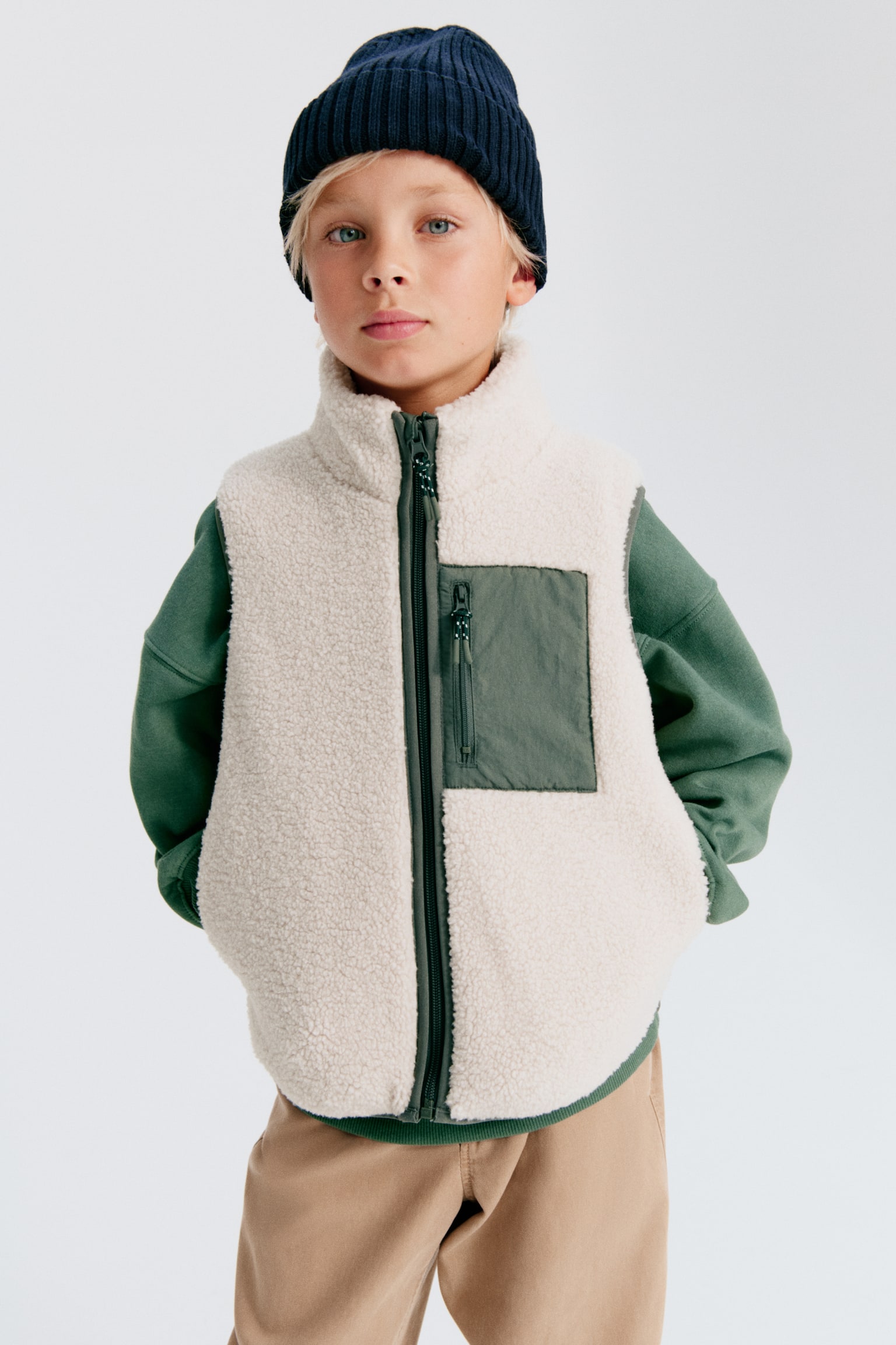 Teddy gilet - Light beige/Dark green/Dark brown - 1