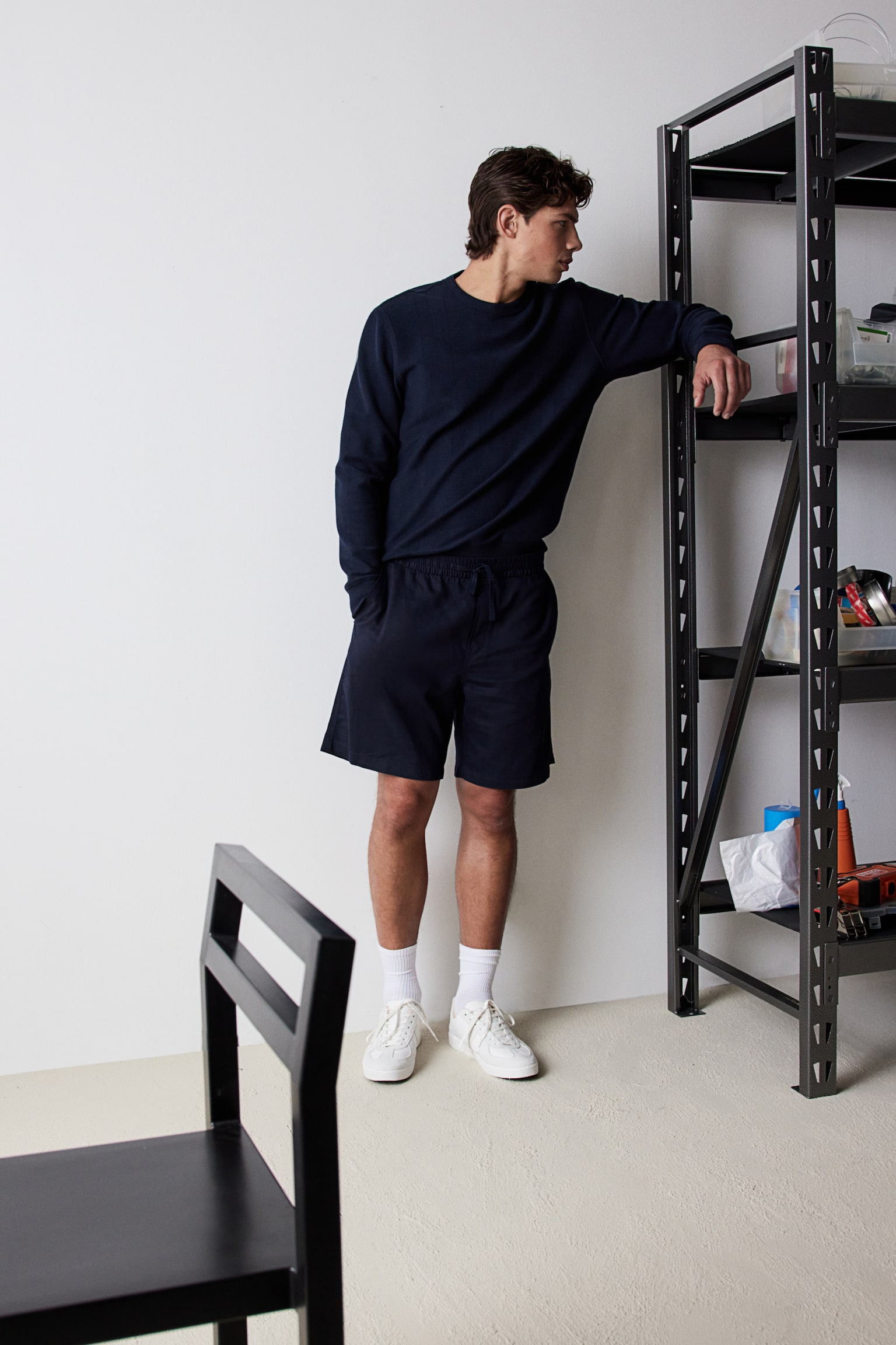 Relaxed Fit Linen-blend shorts - Navy blue/Dark grey/Cream - 5