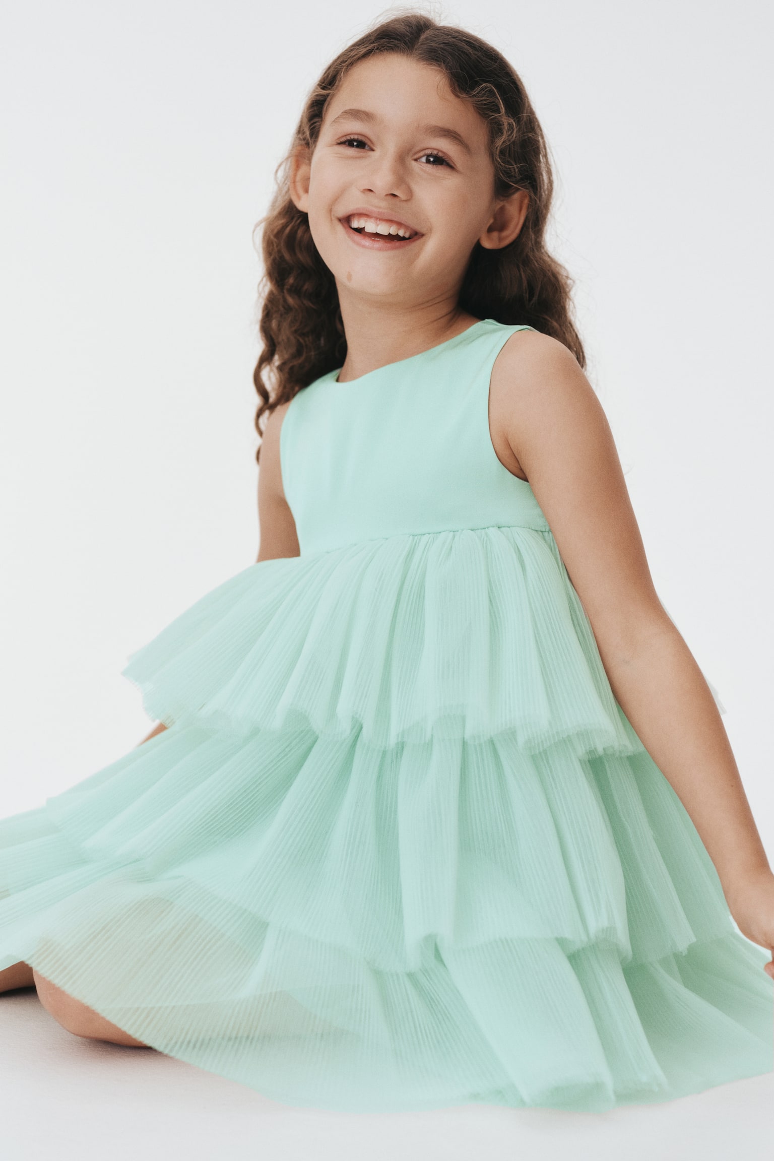 Tiered tulle-skirt dress - Mint green/Cream/Floral/Dark pink - 1