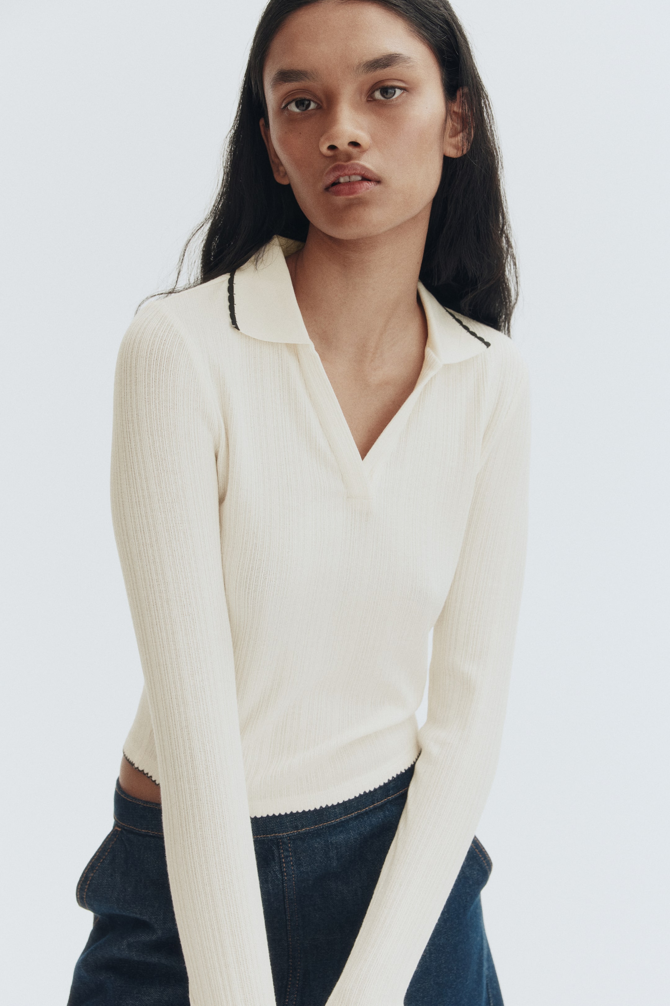 View larger image: Collared rib-knit top - White - Ladies | H&M MY 1