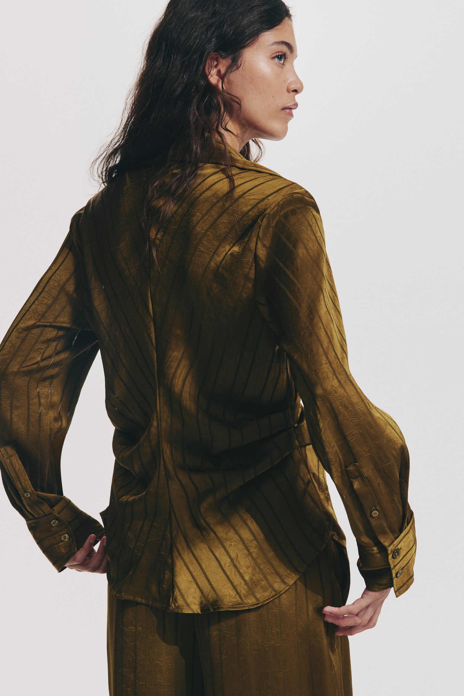 Draped shirt - Golden olive/Dark brown/Cream - 1