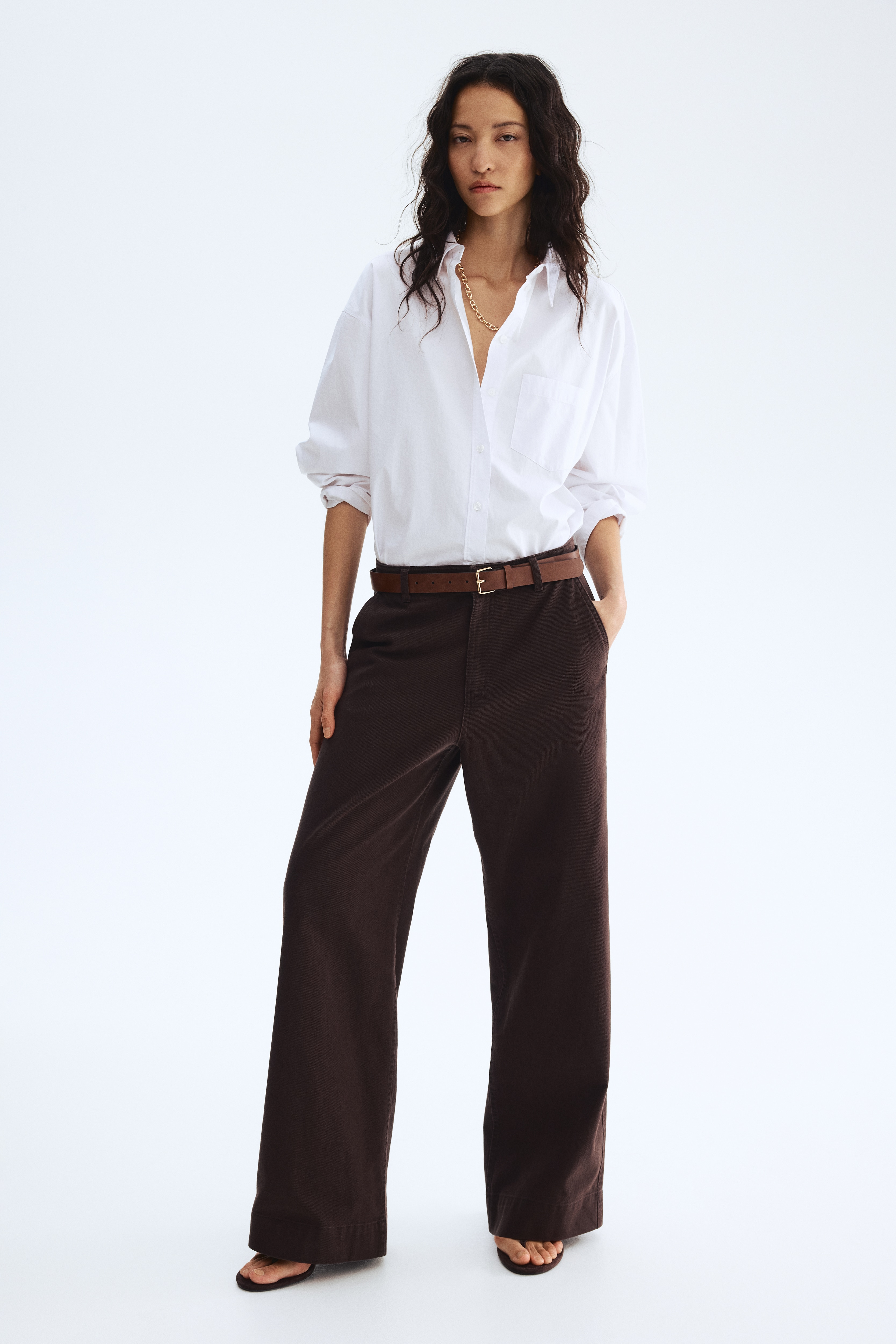 Wijde twill broek met ceintuur - Donkerbruin/Wit/Donker kakigroen
