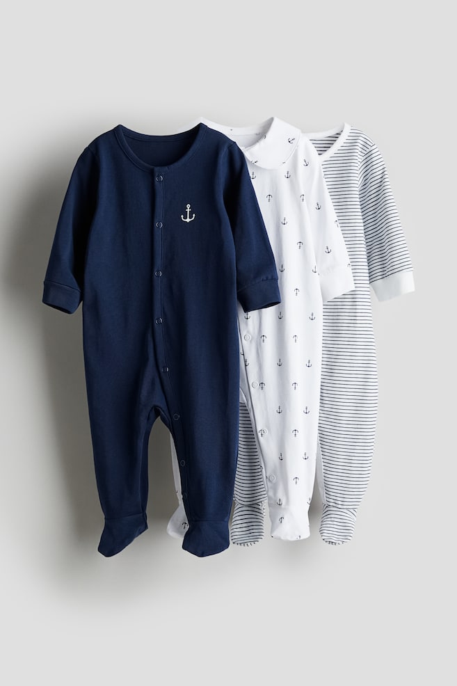 Lot de 3 pyjamas en coton - Bleu marine/ancres/Beige clair/chiens/Rose ancien/lapins/Turquoise clair/dinosaures/dc - 1