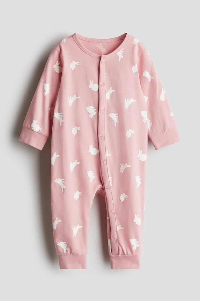 Printed Cotton Pajama Jumpsuit - Pink/rabbits/Light beige/dotted/Taupe/animals - 1