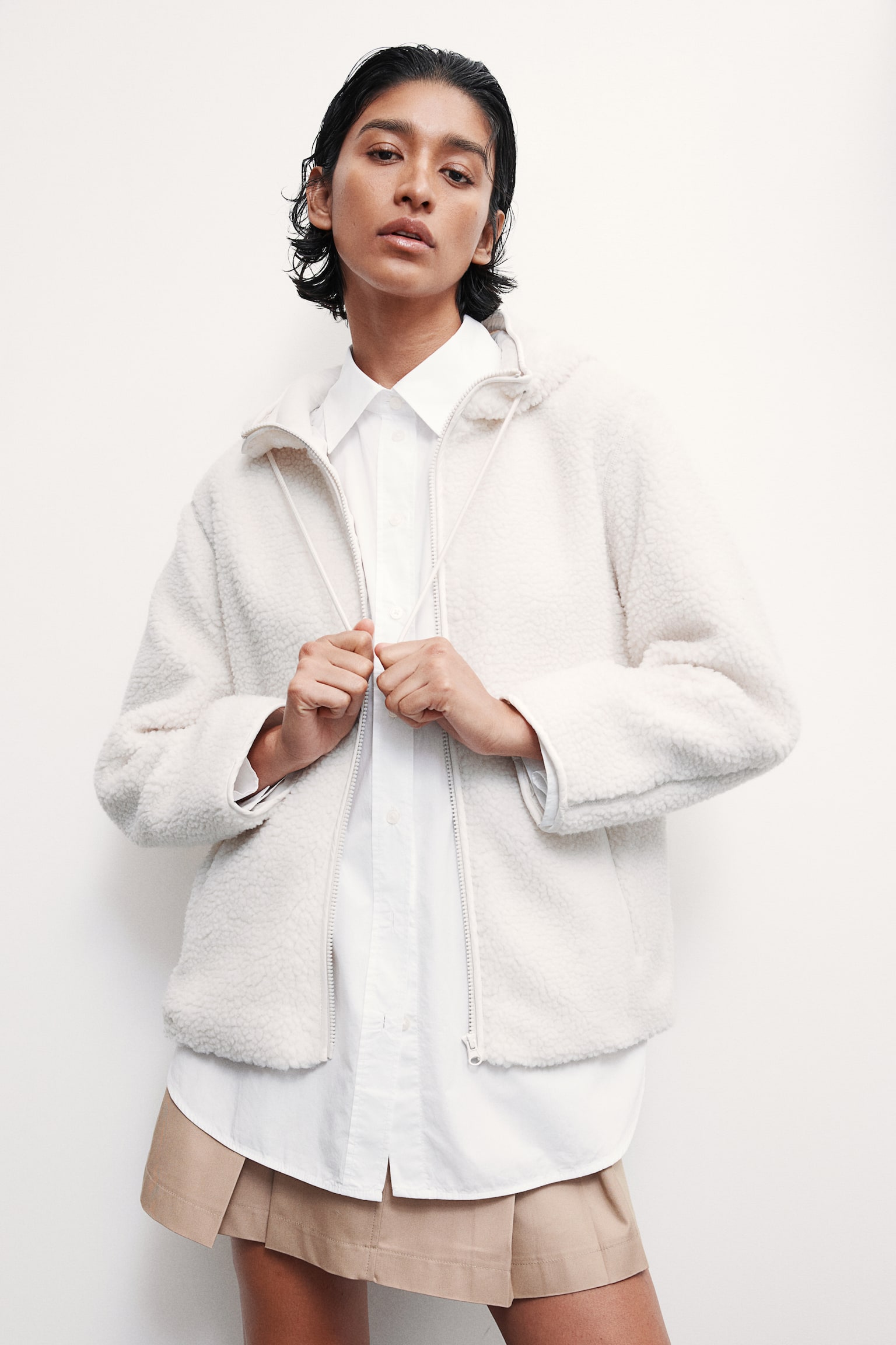 Hooded teddy jacket - White/Greige - 6