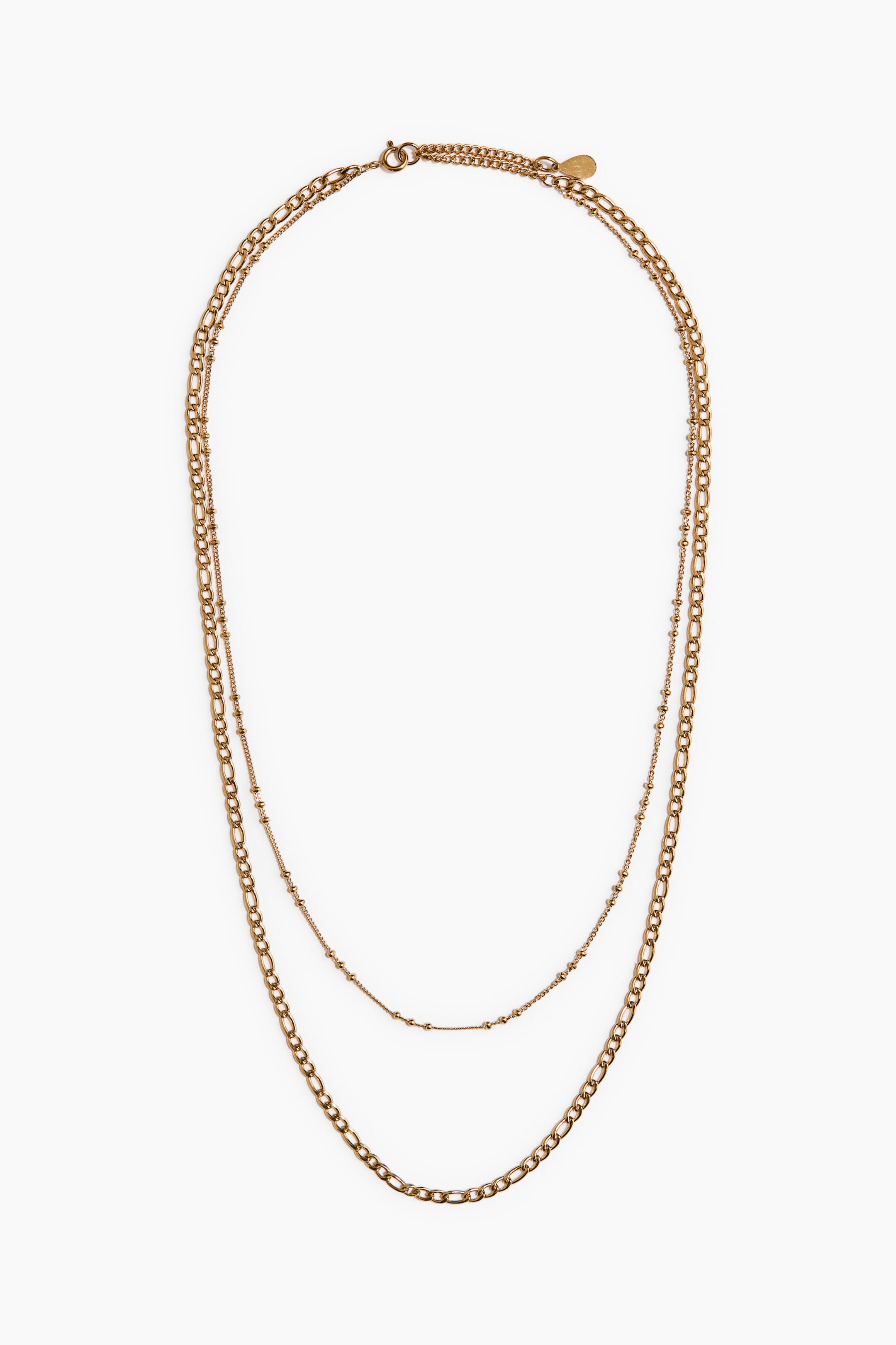 Agrandir l'image: Un collier en acier inoxydable étanche présente un design superposé, comprenant une chaîne à maillons ronds plus courte et une chaîne gourmette plus longue. Il offre une longueur ajustable avec un fermoir à mousqueton en haut.