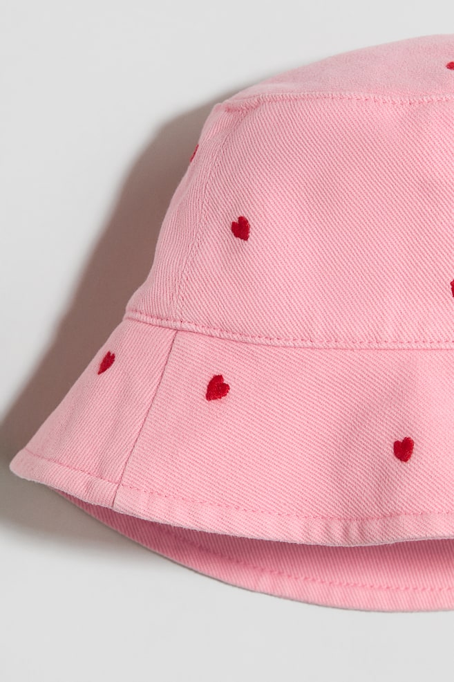 Embroidered Twill Bucket Hat - Pink/hearts - 2