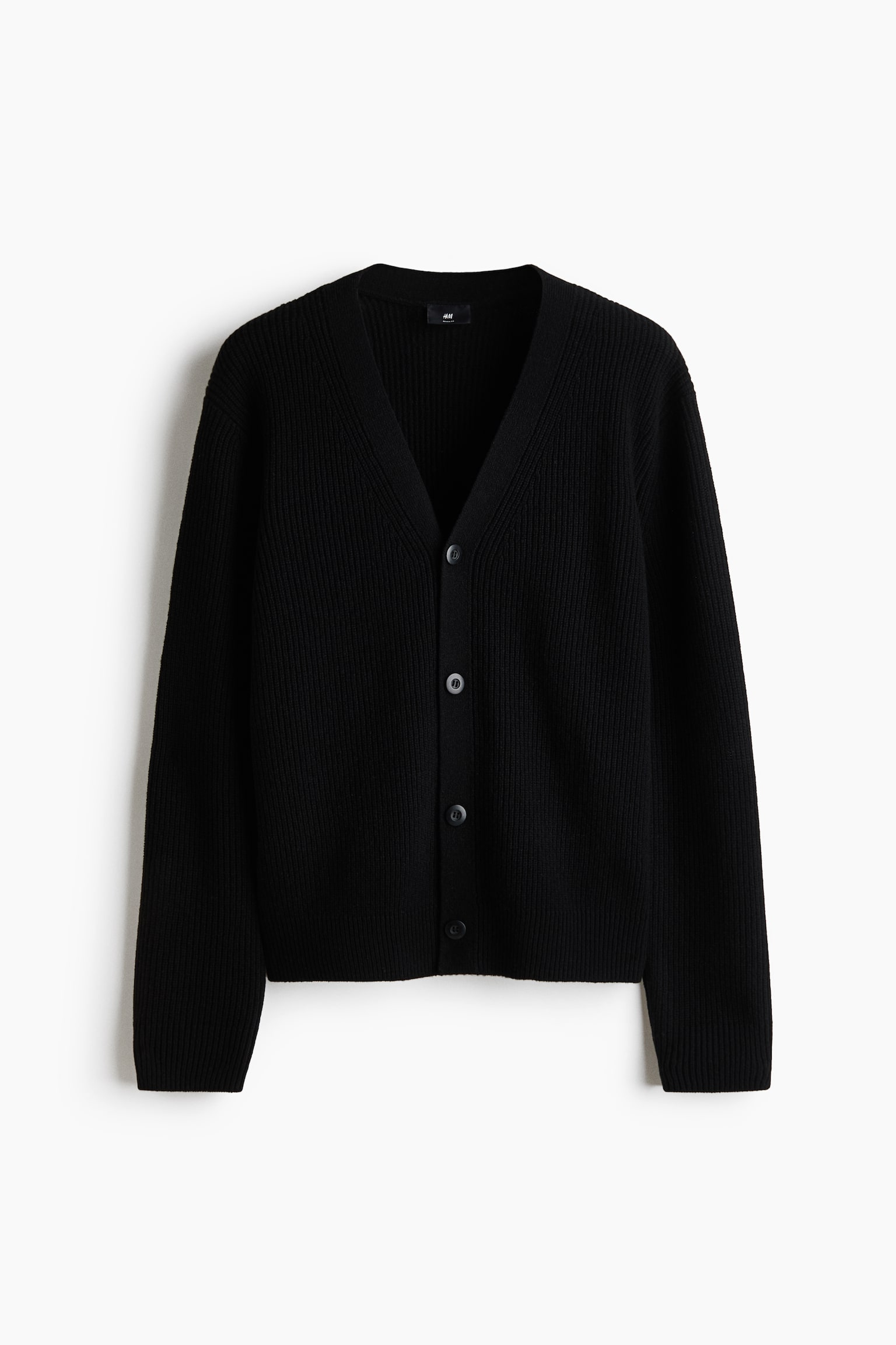 A black ribbed knit cardigan featuring a V-neckline, a five-button front closure, and long sleeves with ribbed cuffs and a ribbed hem. - 1