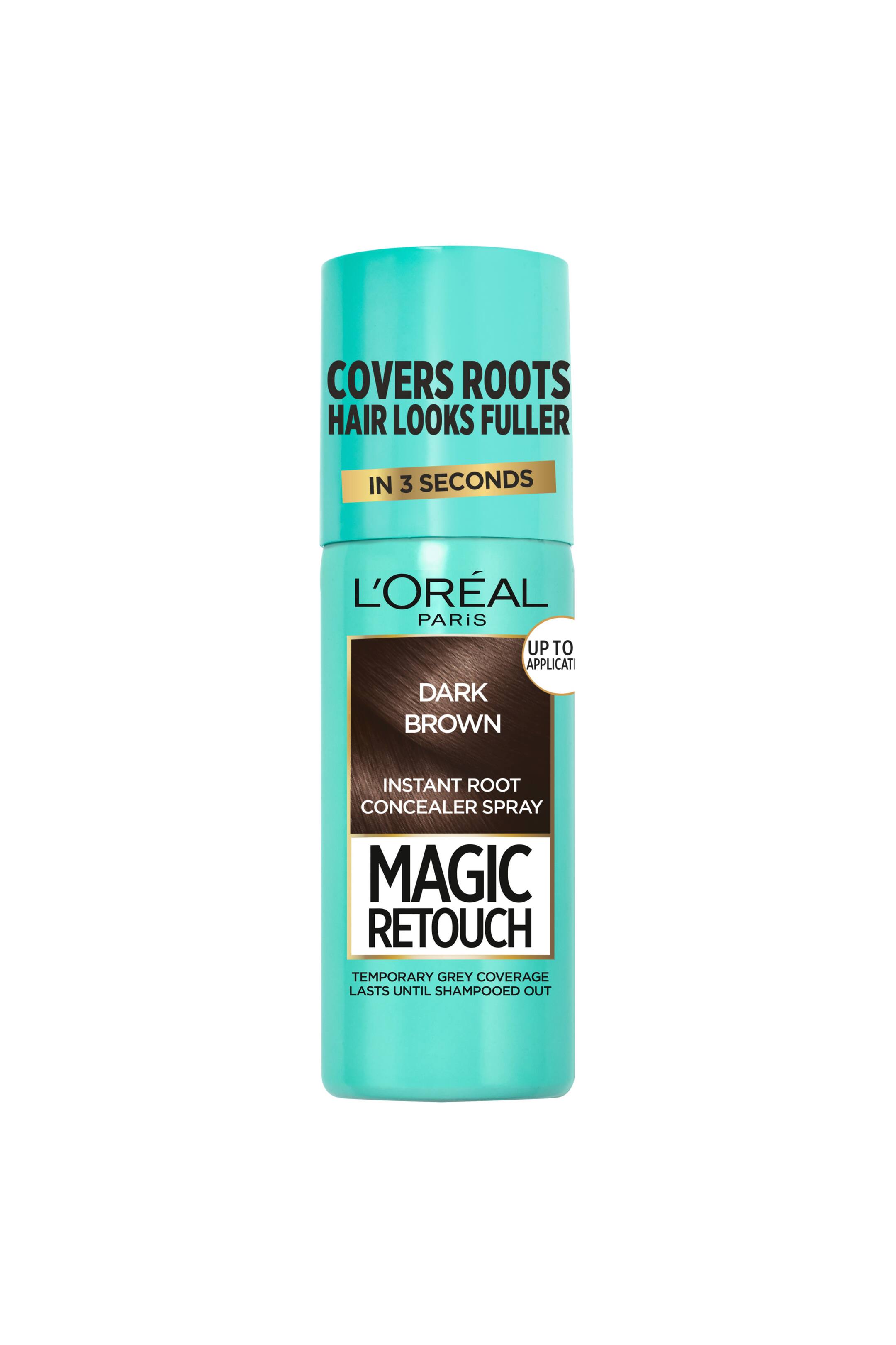 Visa större bild: En turkos cylindrisk burk med L'Or�al Paris Magic Retouch Instant Root Concealer Spray i Dark Brown står upprätt i en framåtvänd vy. Förpackningen visar ett matchande turkost lock, en mörkbrun hårslinga som anger nyansen samt tydlig svart text som framhäver dess tillfälliga rotäckande fördelar.