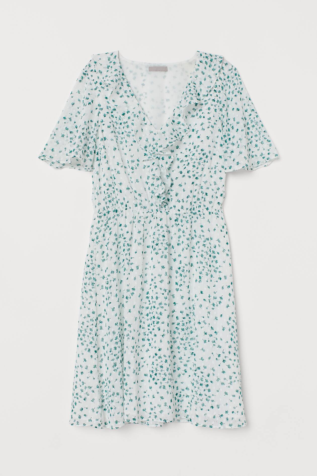 Butterfly-sleeved Dress - V-neck - Short sleeve - White/green patterned ...