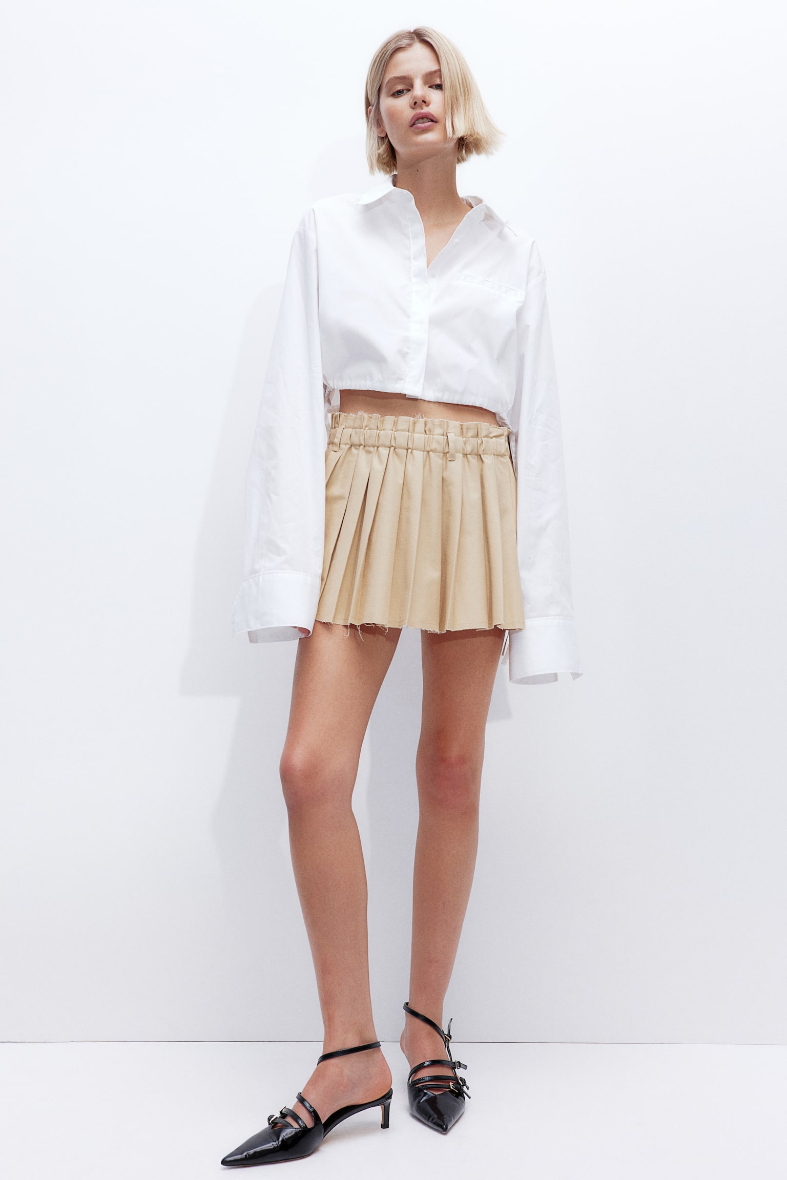 Cropped drawstring-detail shirt - White/Black - 6