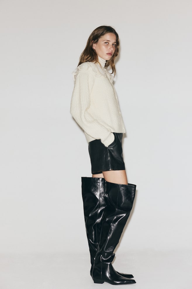 Cardigan cu guler din dantelă - Crem - 3