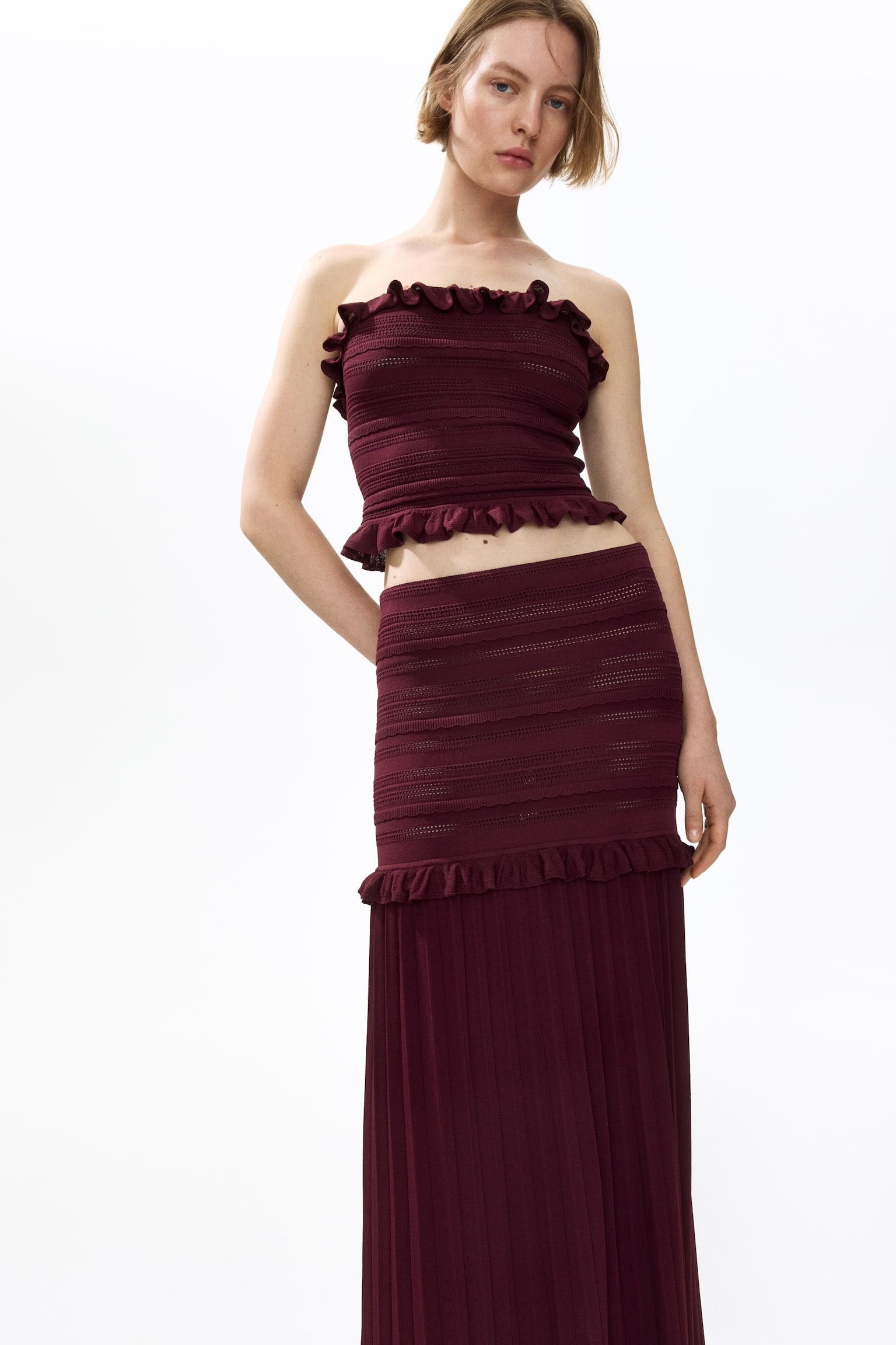 Pleated pointelle-knit skirt-Burgundy - 4