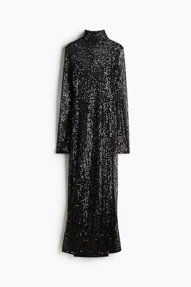 Langes Netzkleid mit Pailletten - Schwarz - 1
