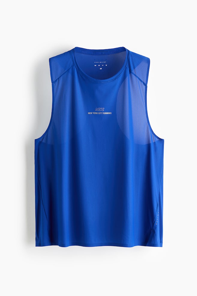 A royal blue sleeveless running tank top is facing front, featuring a crew neck and breathable, semi-sheer mesh paneling across the shoulders. The center chest is displaying a small gold-toned graphic print that reads "NYC NEW YORK CITY RUNNING." - 1
