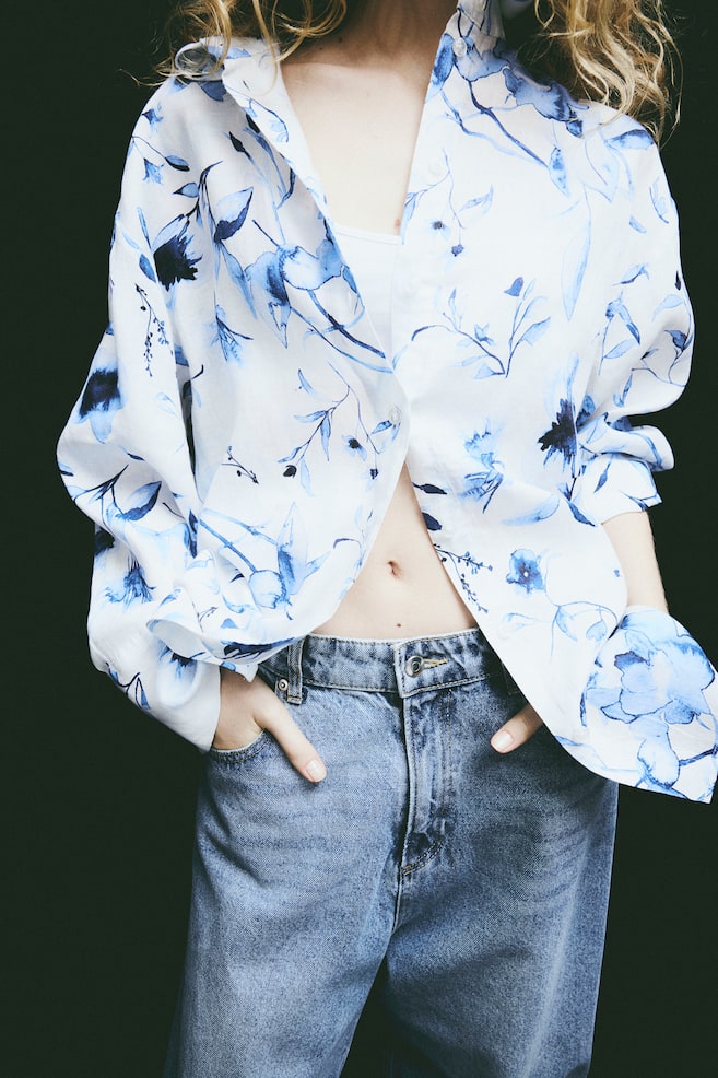 Camicia in lino - Bianco/blu fiori - 3