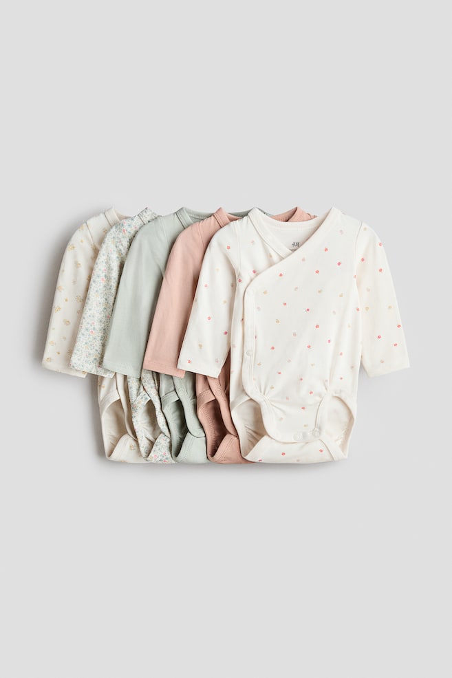 5-pack Wrapover Bodysuits - Light dusty pink/patterned/Dusty blue/khaki green/Light pink/floral/Dusty pink/white/Beige melange/taupe/White/giraffes/Cream/strawberries/Dusty pink/cherries - 1