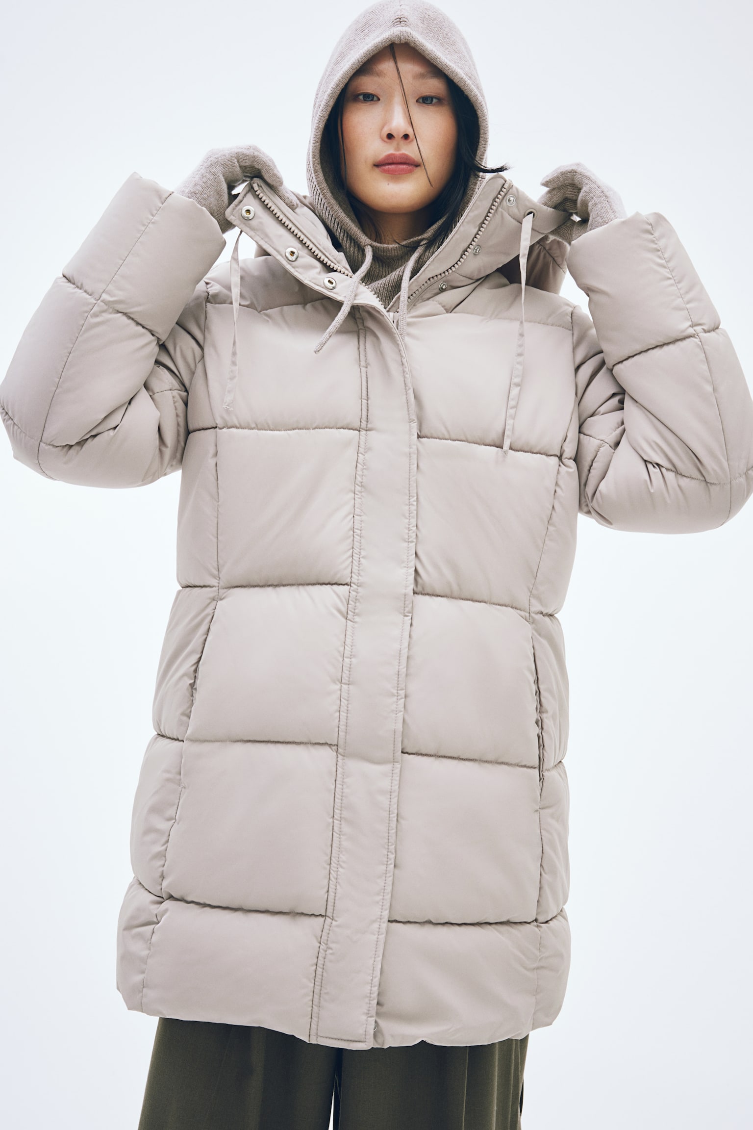 Hooded puffer coat - Greige/Black - 6