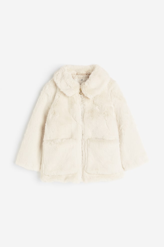 Fluffy jakke med krage - Hvit/Rosa/Sort - 1