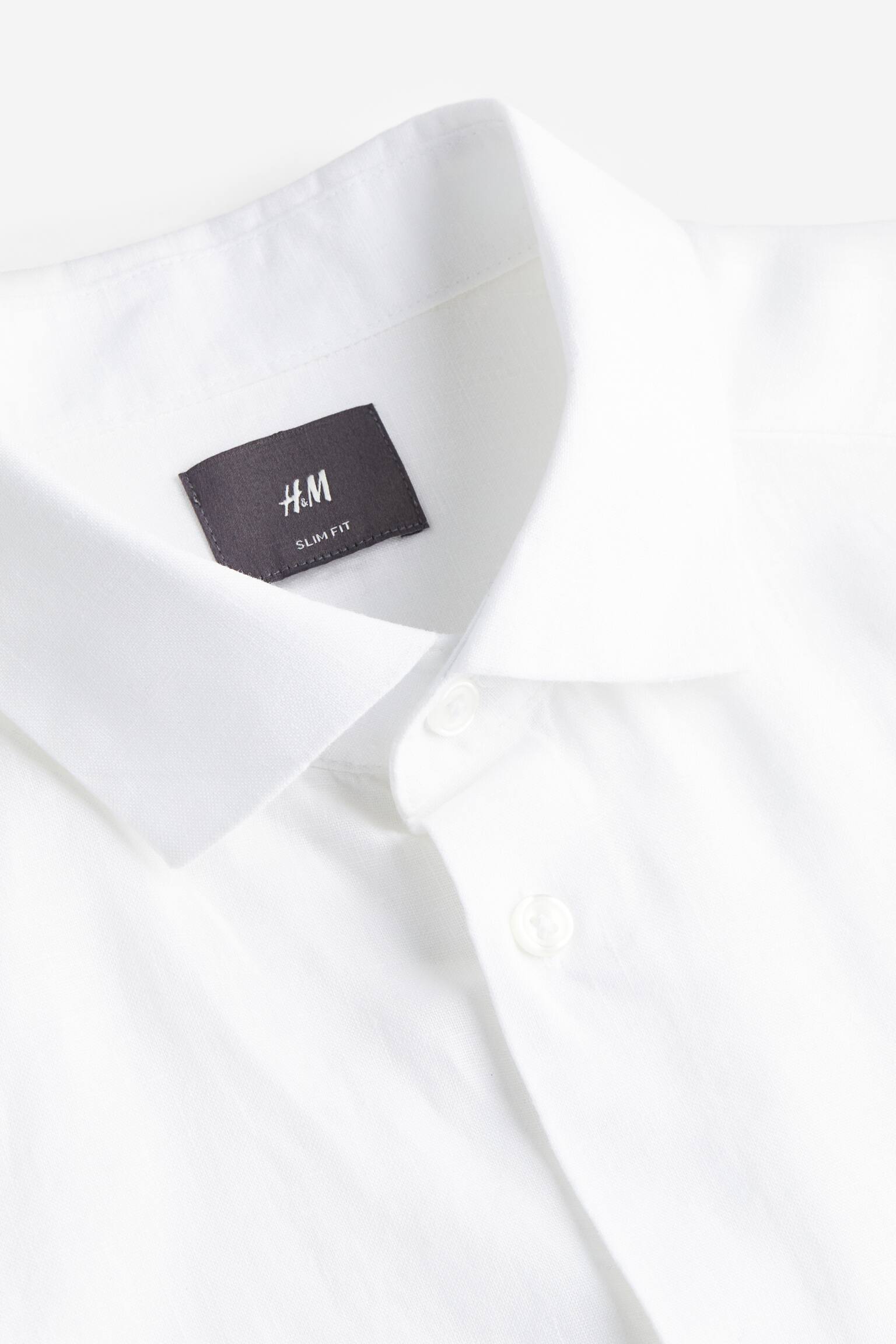 Slim Fit Linen Shirt - White/Dark blue - 3