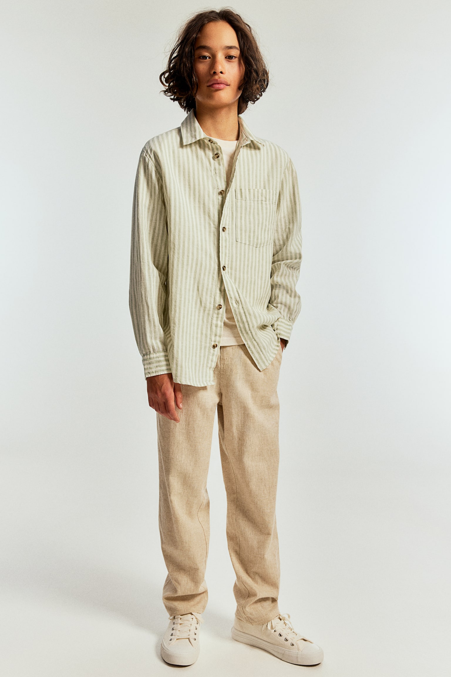 Long-sleeved linen-blend shirt - Light green/Striped/Light beige - 3