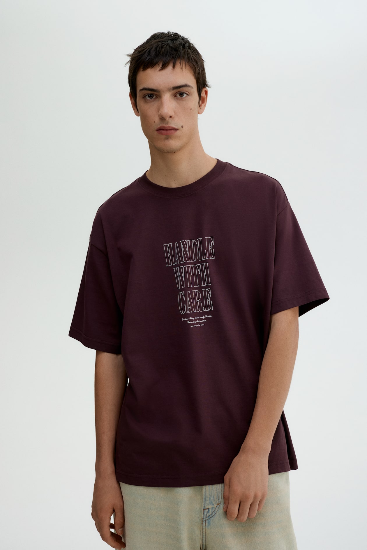 Loose Fit Printed T-shirt Plum/Handle With Care Men H&M IN