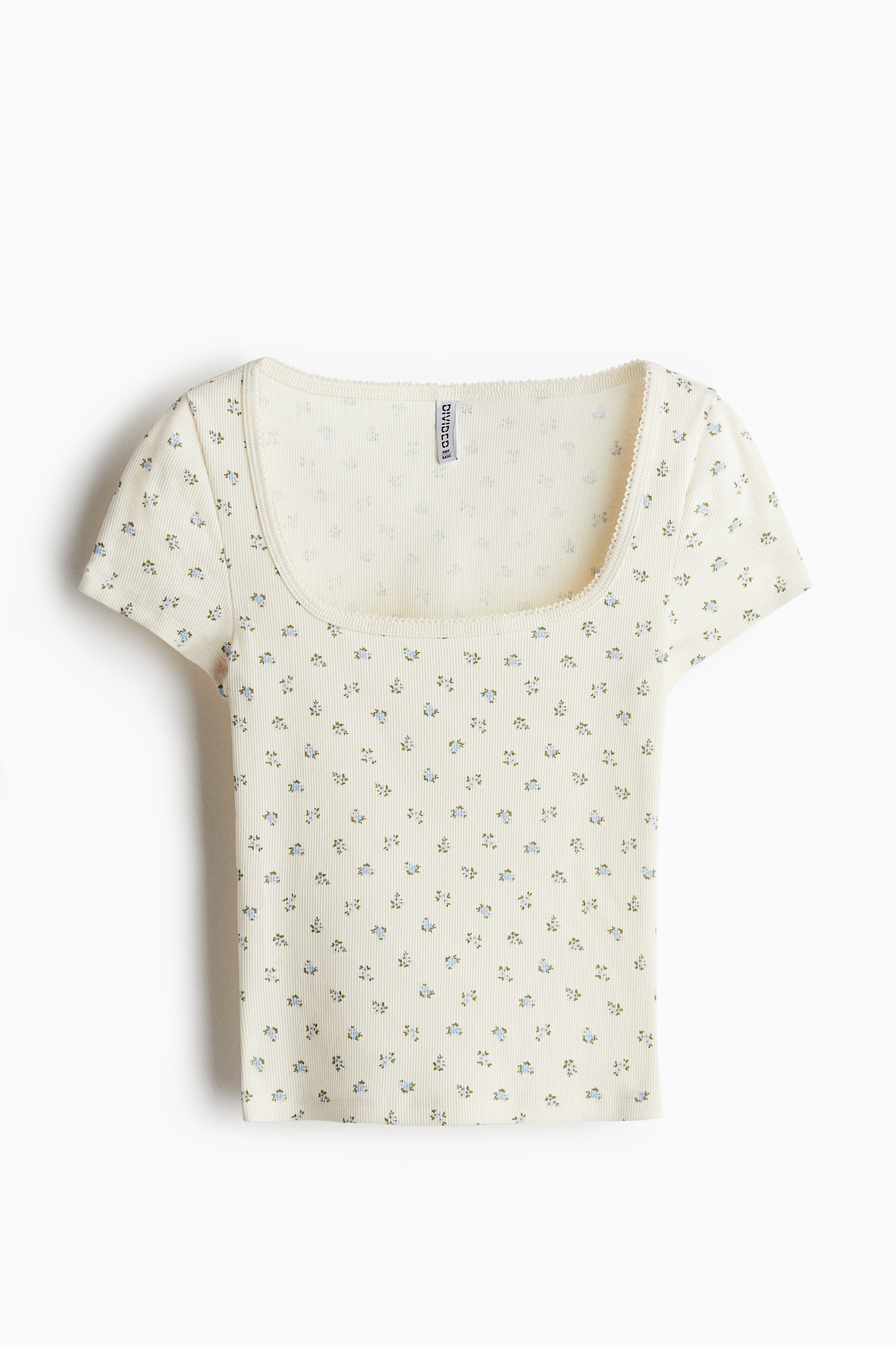 Picot-trimmed ribbed T-shirt - Cream/Floral/Cream/Floral/Black/White
