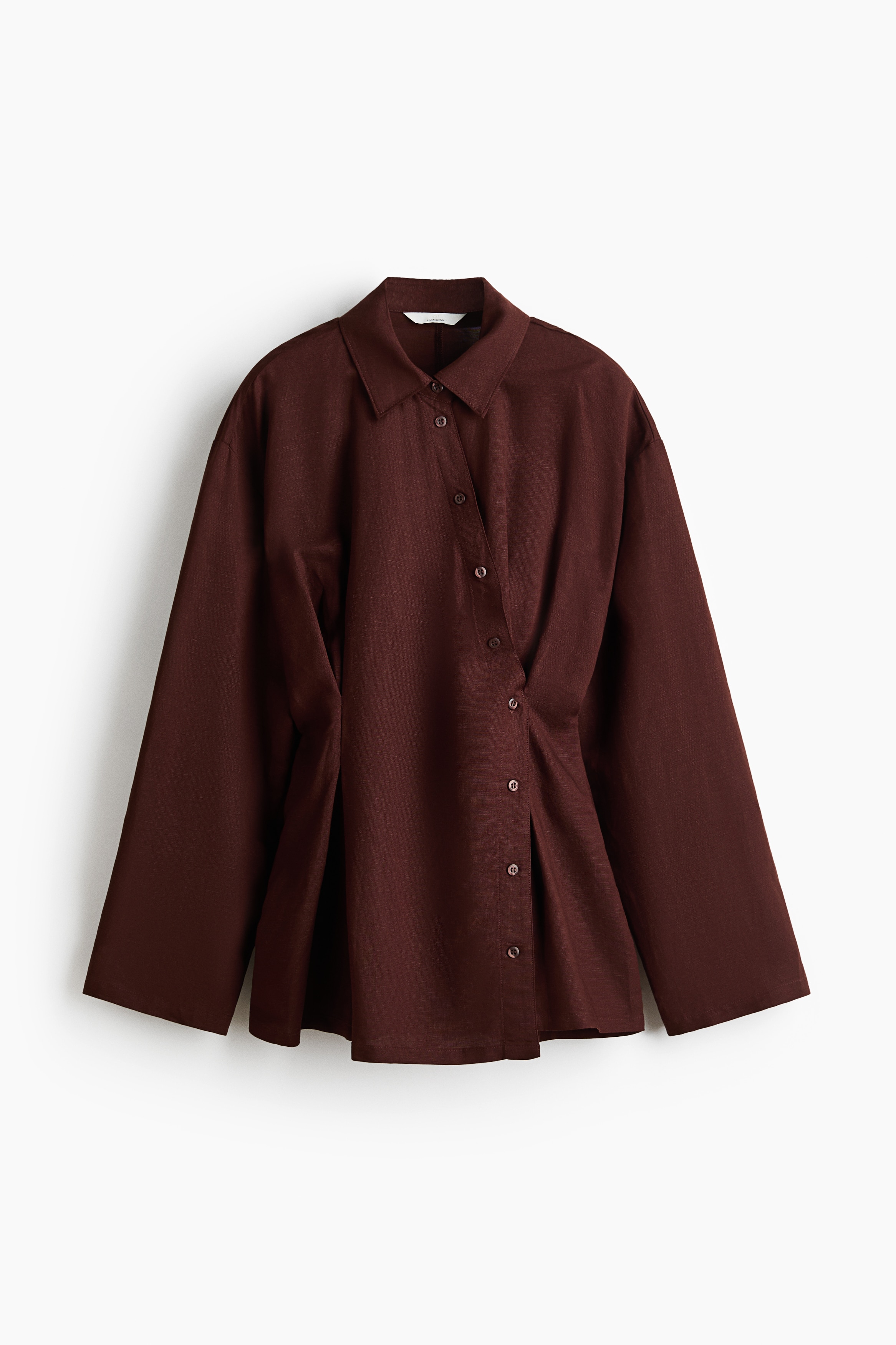 Linen-blend wrap shirt - Dark brown/Peach pink/Striped