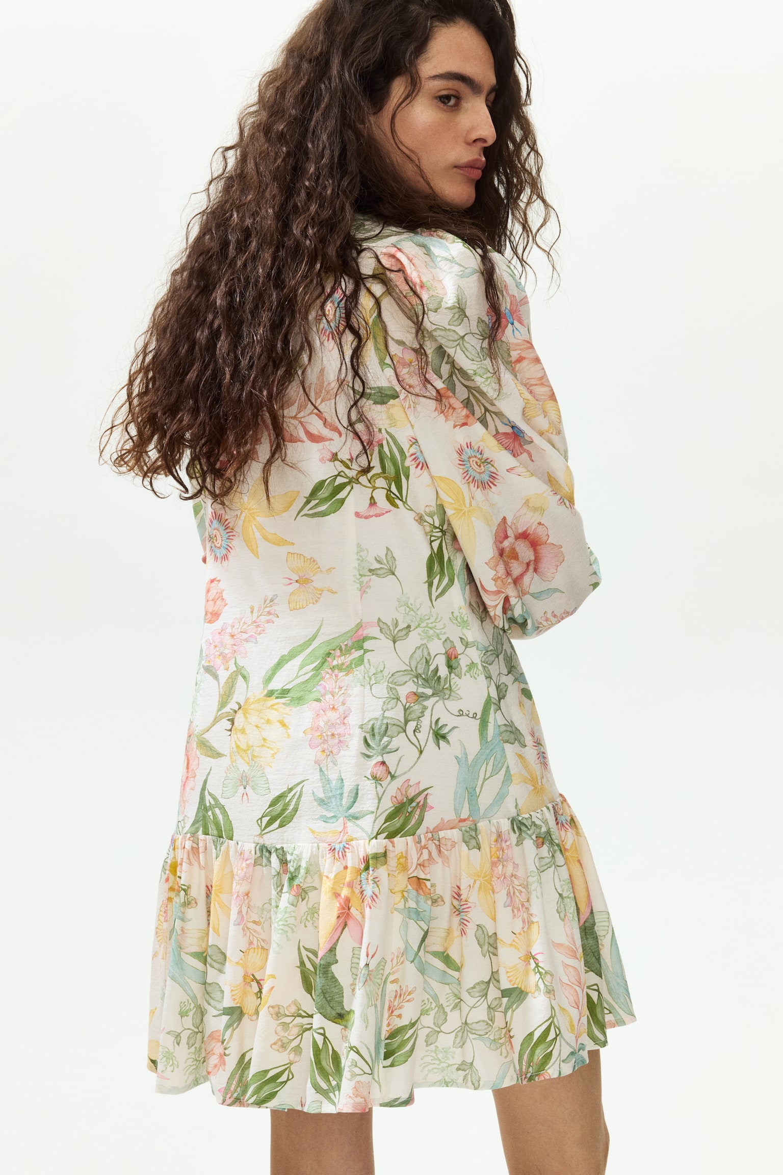 Balloon-sleeved tunic dress - Cream/Floral - 3