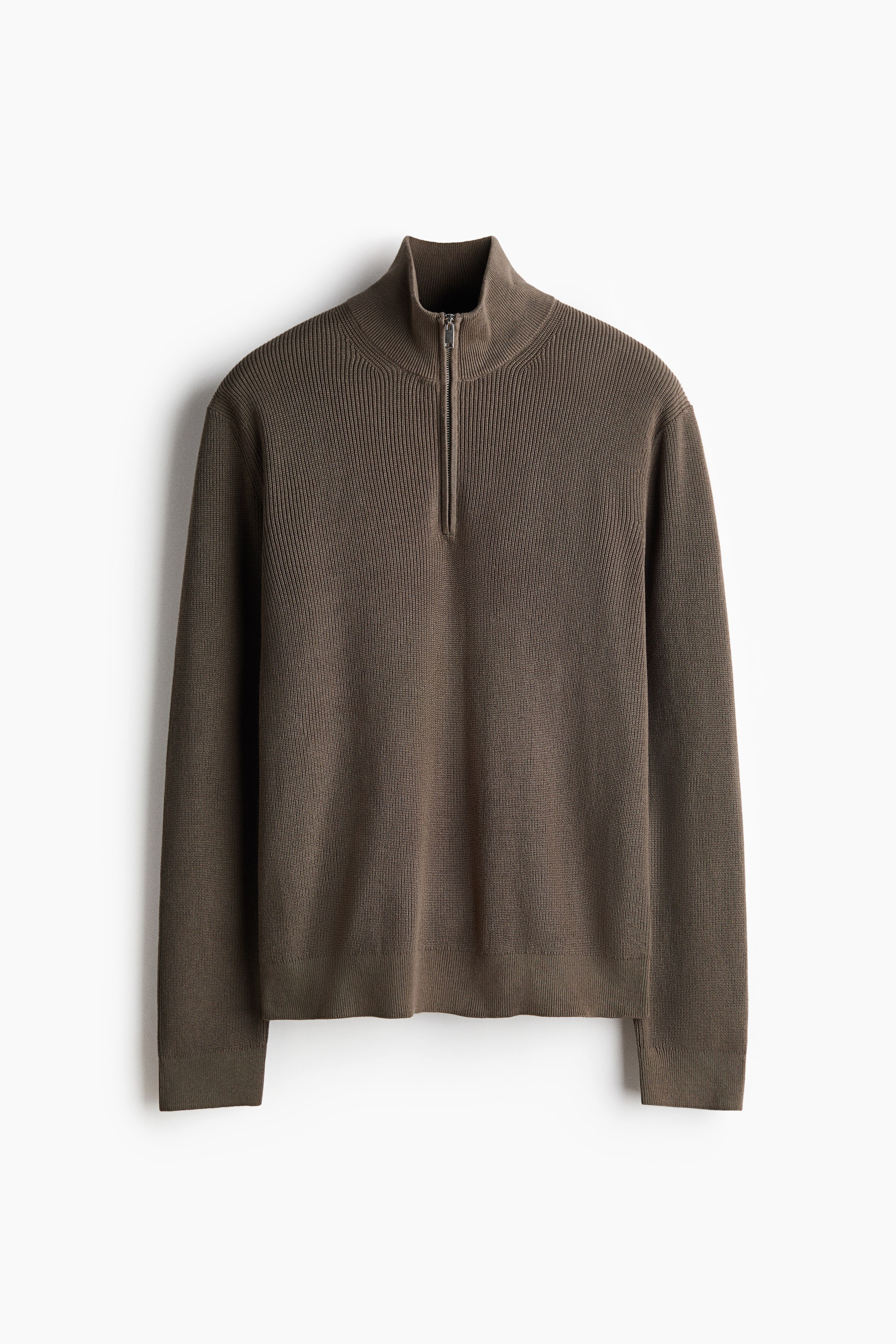 View larger image: A dark olive-brown rib-knit jumper is shown from the front, featuring a stand collar with a zip closure. It is designed with long sleeves, ribbed cuffs, and a straight hem with fine ribbing.