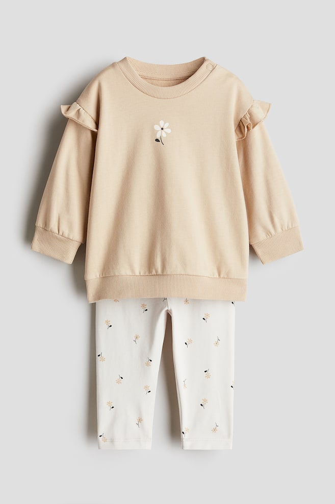 2-piece Sweatshirt and Leggings Set - Light beige/floral/Beige/floral/Light purple/hearts/Light pink/cherries/Light beige/bears/Light blue/hearts/Navy blue/striped/Dusty pink/apples/White/hearts/Beige/dotted/Light beige/bear/Dark gray/hearts/Dark gray/Light green/dinosaur - 1