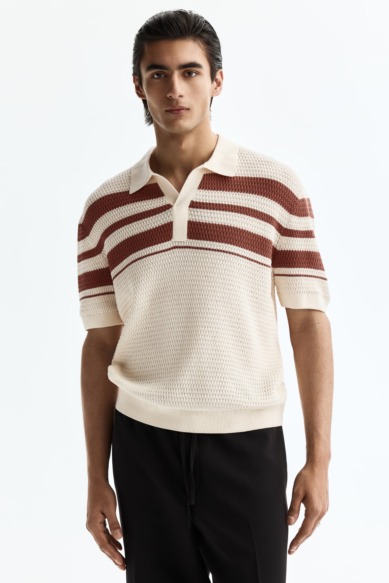 Regular Fit Pointelle-knit polo shirt-Cream/Colour block - 1