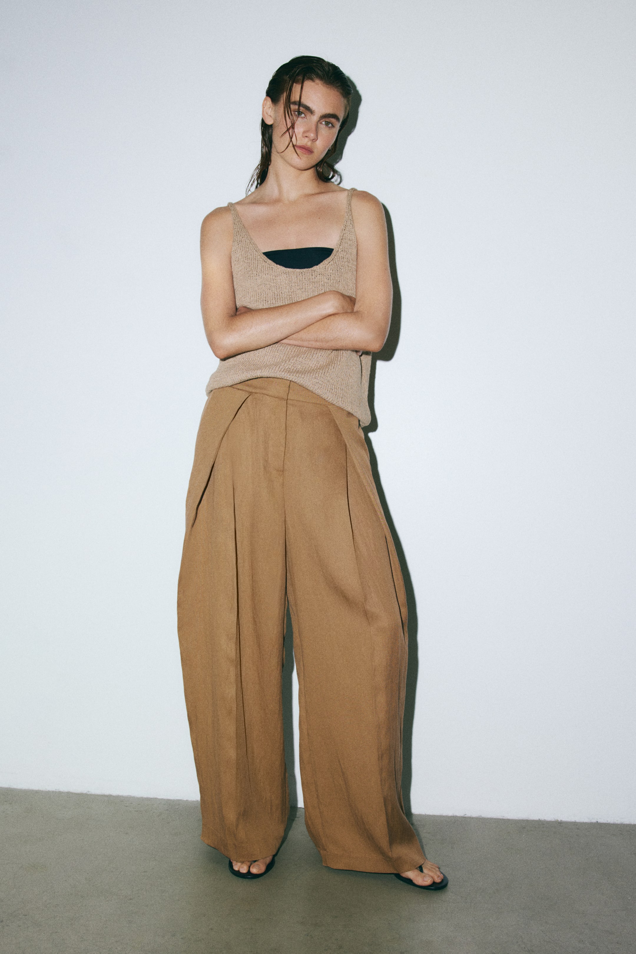 Crinkled Wrap-Detail Pants