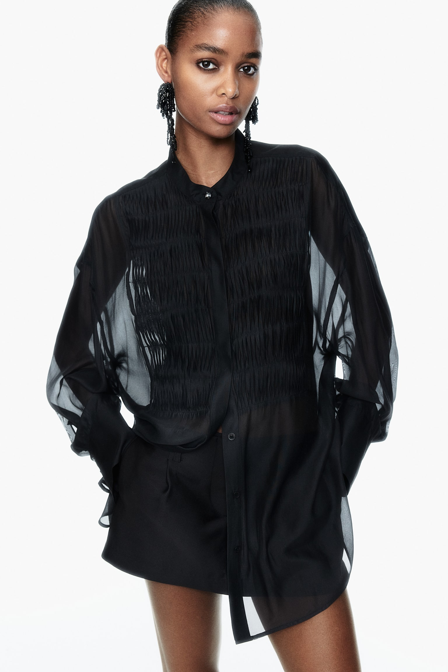 Pleat-front chiffon shirt - Black - 1