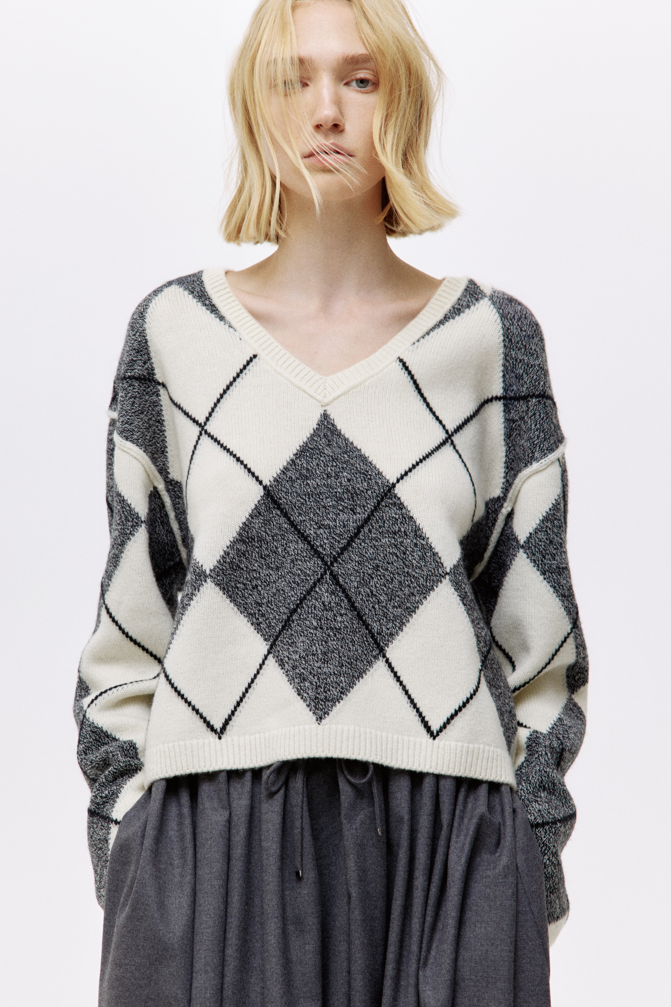 Women's Cream/argyle Jacquard-Knit Wool Sweater | H&M US Women's Cream/argyle Jacquard-Knit Wool Sweater | H&M US