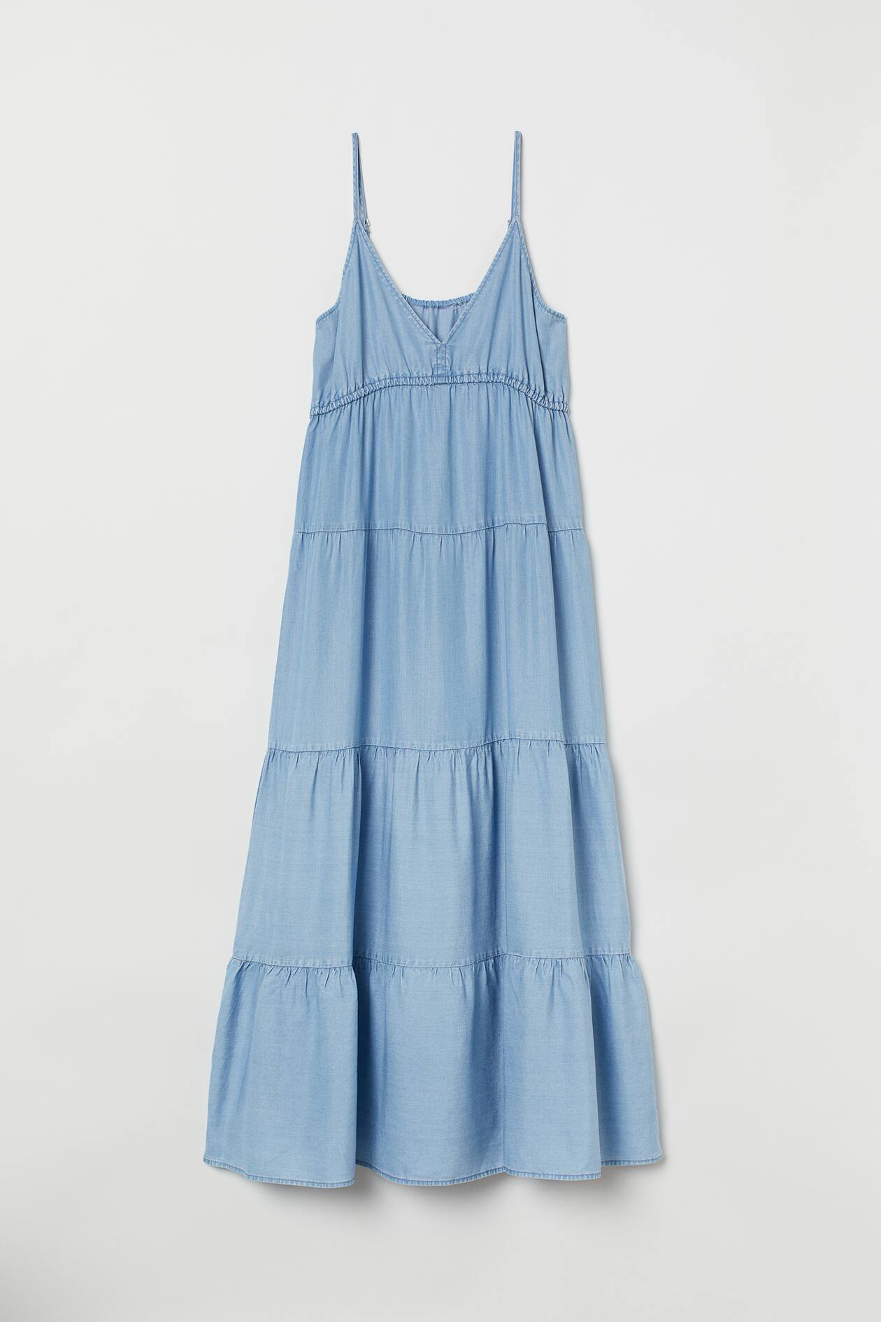 Lyocell Maxi Dress - V-neck - Sleeveless - Light denim blue - Ladies ...