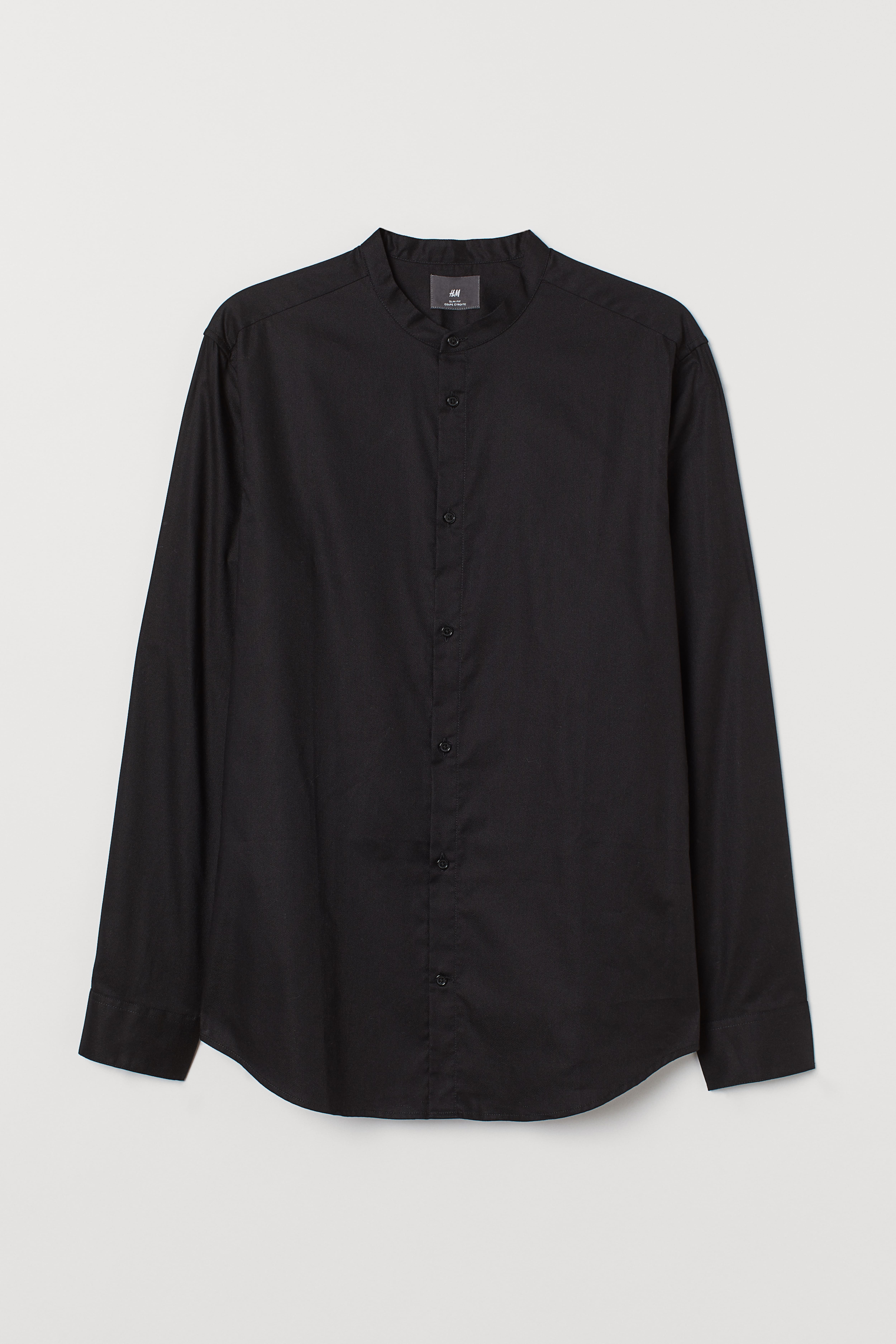 Band-collar Shirt Slim fit - Long sleeve - Regular length - Black - Men |  H&M US